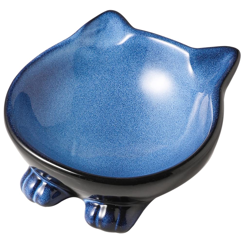 Nihow Ceramic Basic Cat Bowl: 5 Inch Cat Dish for Food & Water - Food Grade, Microwave & Dishwasher Safe - Elegant Blue & Black 