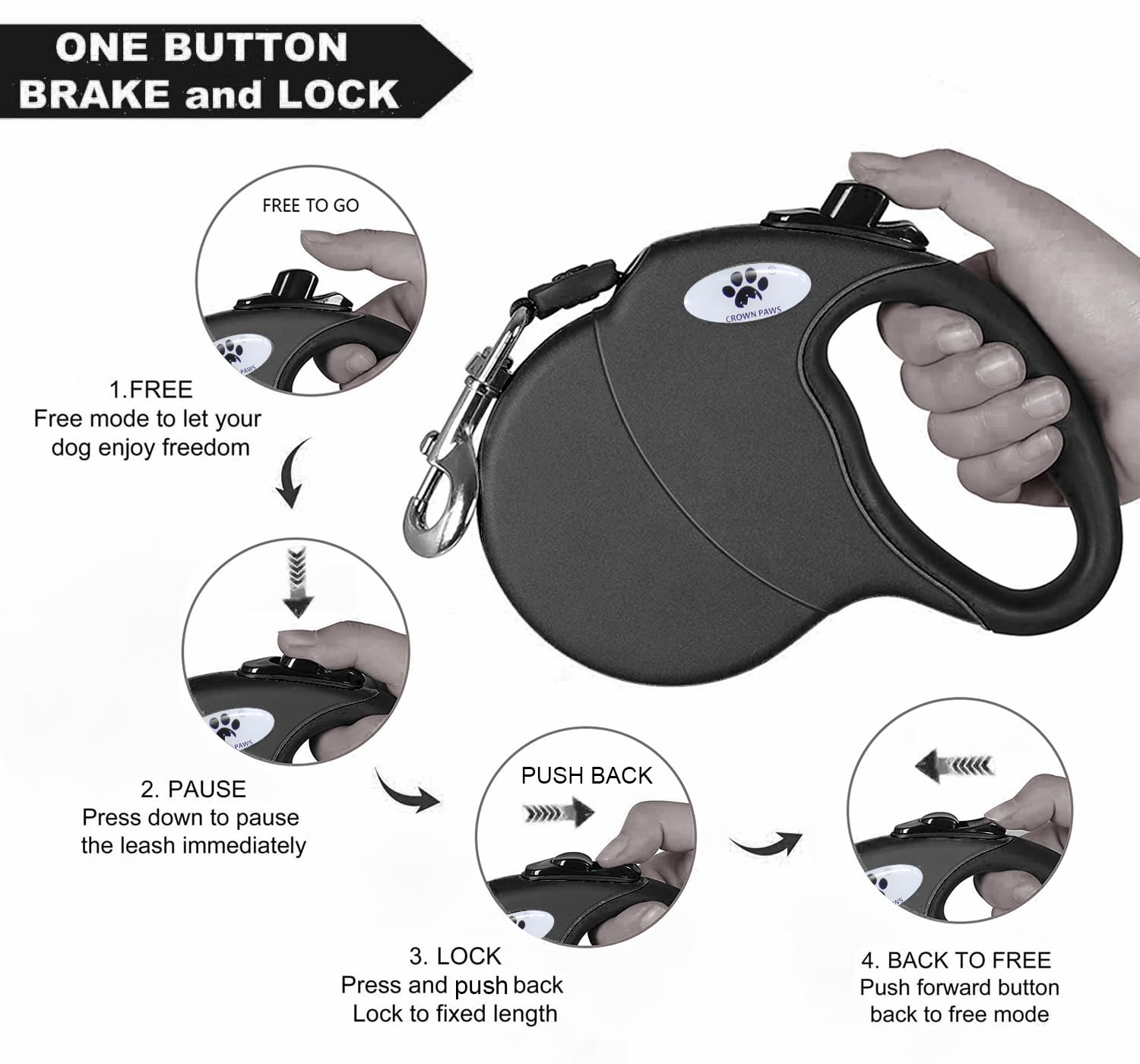 Crown Paws 16 Ft Retractable Dog Leash For Large Dogs Up To 110 Lbs,Tangle-Free Nylon Tape,Black Dan L
