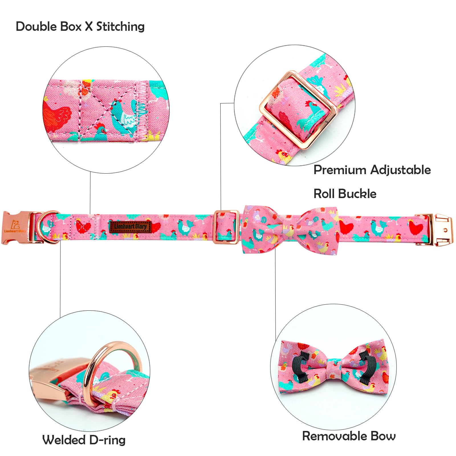 Lionheart Glory Dog Bow Collar Easter Day Dog Collar For Small Dogs,Easter Chickens Colorful Dog Collars With Bowtie Spring Pink