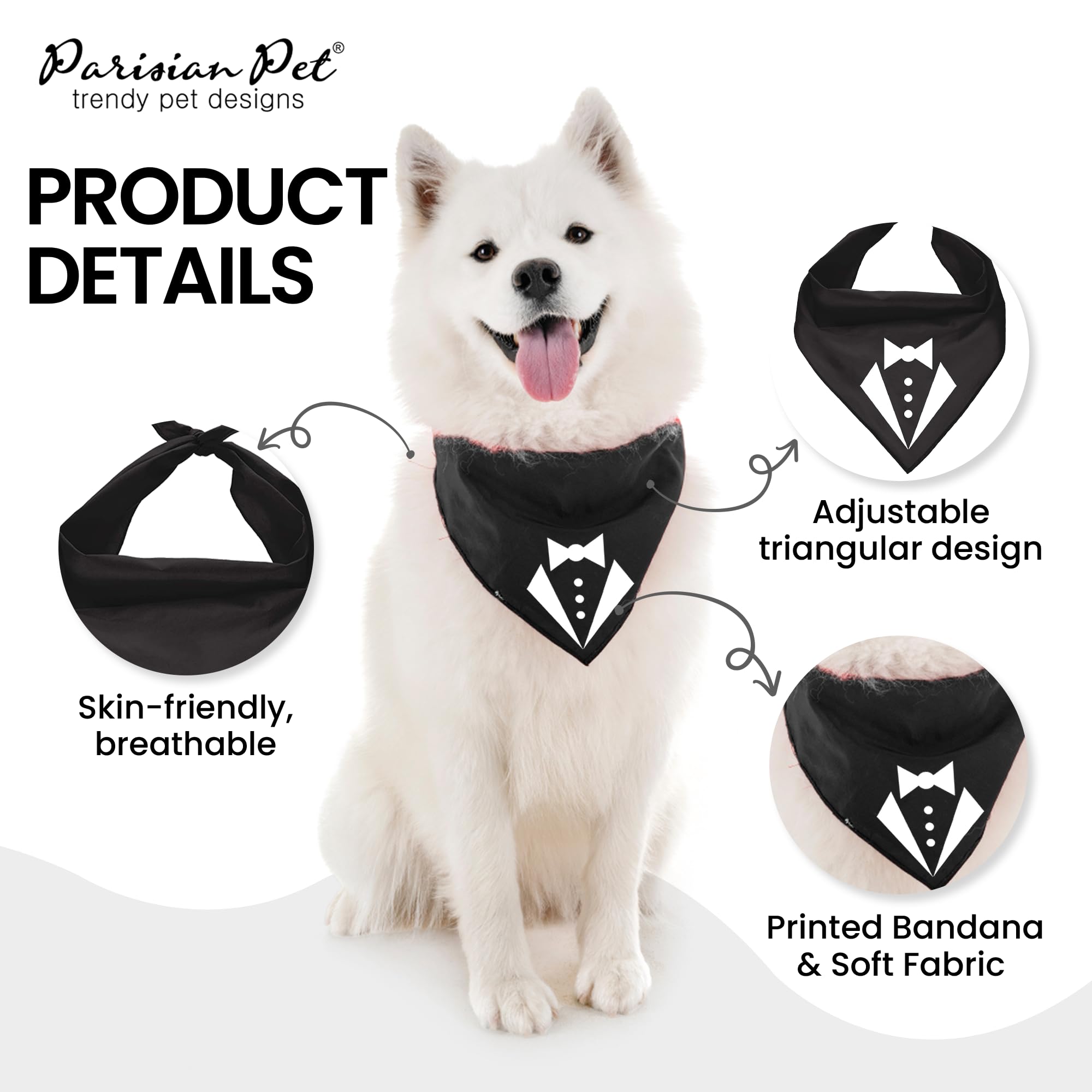 Parisian Pet Dog Bandanas With Printed 'Texedo' - Tie-On Adjustable Polyester Dog Tuxedo Bandana - Dog Scarf For Small Dogs - Washable Triangle Dog Bib - Black Handkerchief For Male Pets - S