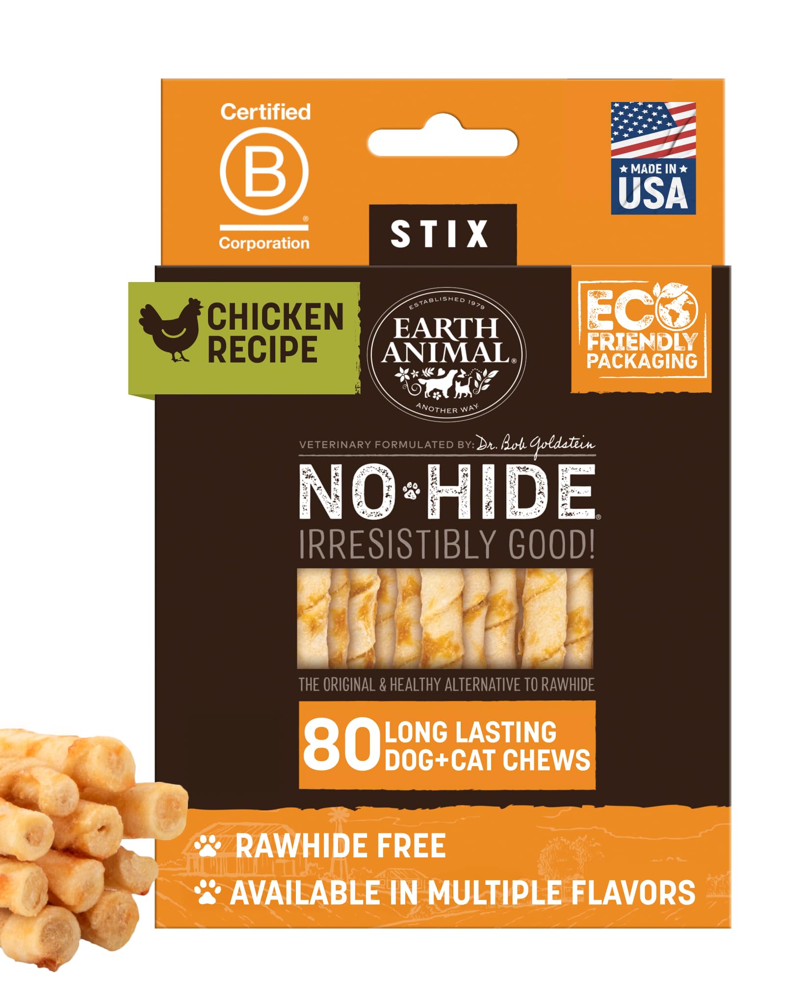 Earth Animal No Hide Stix - Long Lasting Rawhide Free Small Dog Chews Sticks, Chicken - 80 Count Extra Value Pack