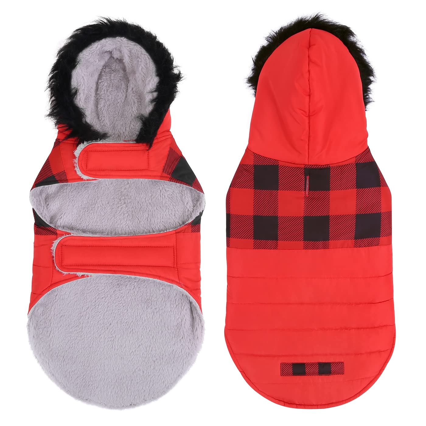 Hde Dog Puffer Jacket Fleece Lined Warm Dog Parka Winter Coat With Harness Hole Buffalo Plaid - M