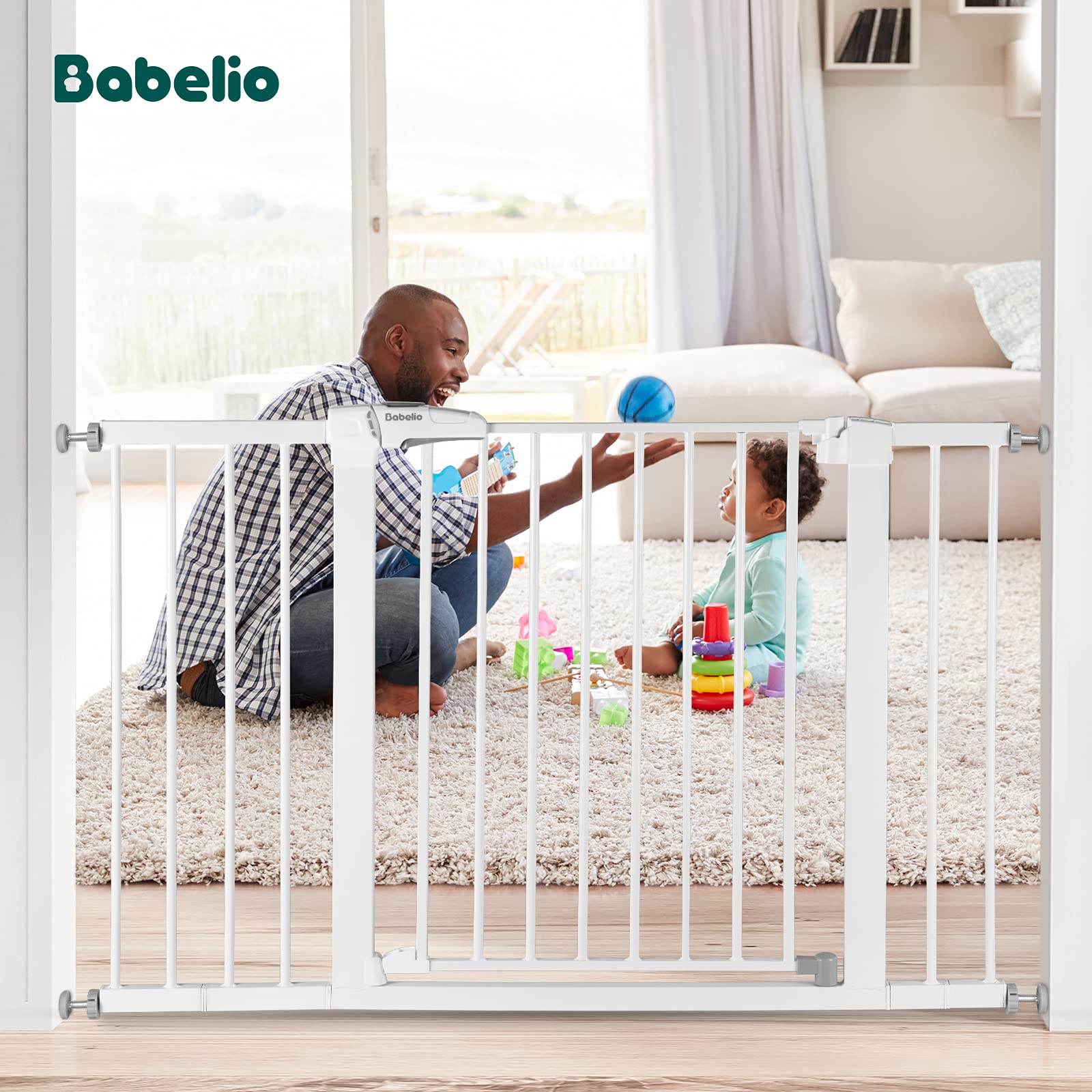 Babelio Metal Baby Gate, 29-48?Auto Close Easy Install Pet Gate, Extra Wide Walk Thru Child Safety Gate, Pressure Mounted Dog Gate For Doorways & Stairs, With Y Spindle Rods, White