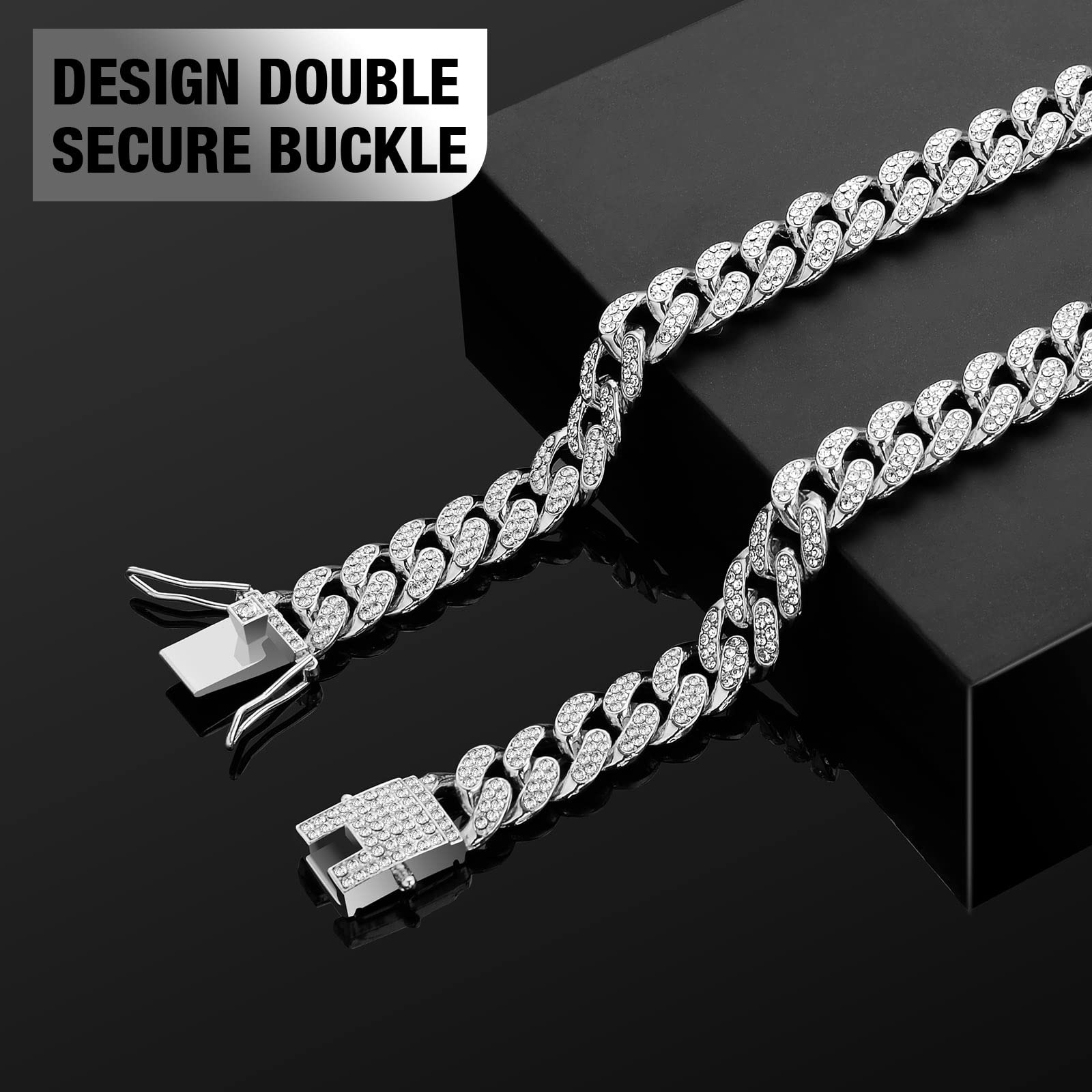 Wimupath Silver-Plated Diamond Dog Collar - Cuban Style Metal Chain With Secure Buckle, Luxury Durable Collar For Small/Medium/L