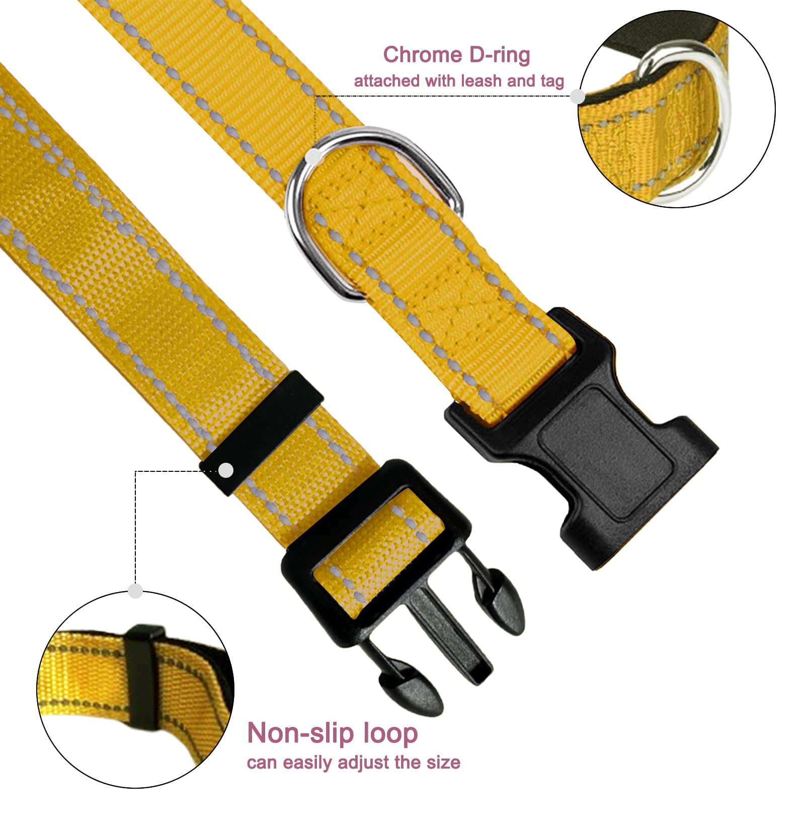 Xl Dog Collar, Reflective Pet Collar With Buckle Adjustable Safety Nylon Collars For Small Medium Large Dogs, Yellow