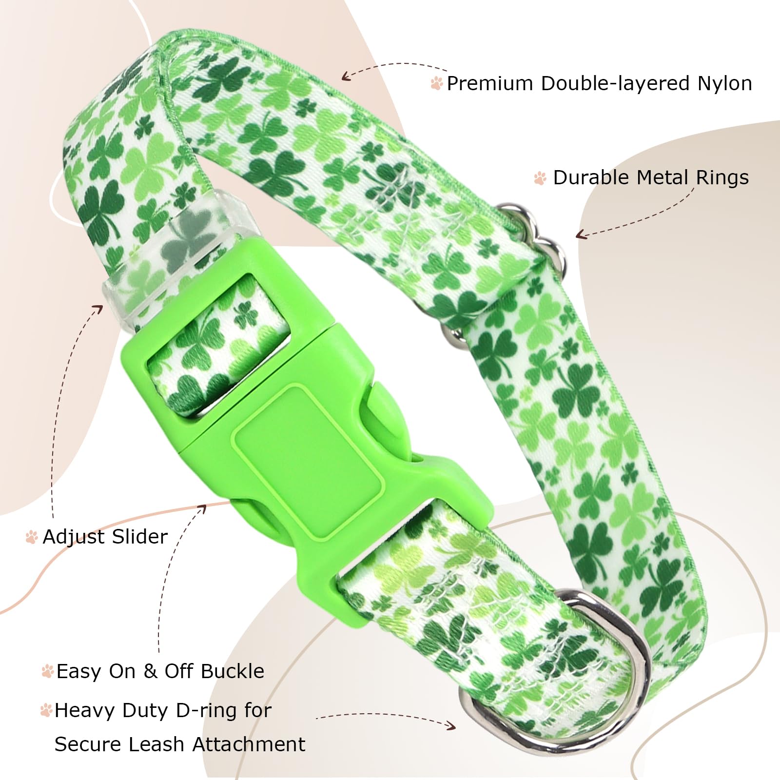 Dog Collar For Medium Dogs, Irish Green Shamrock Clovers Dog Collar For Boy & Girl Dogs, Adjustable Heavy Duty Nylon Collar With