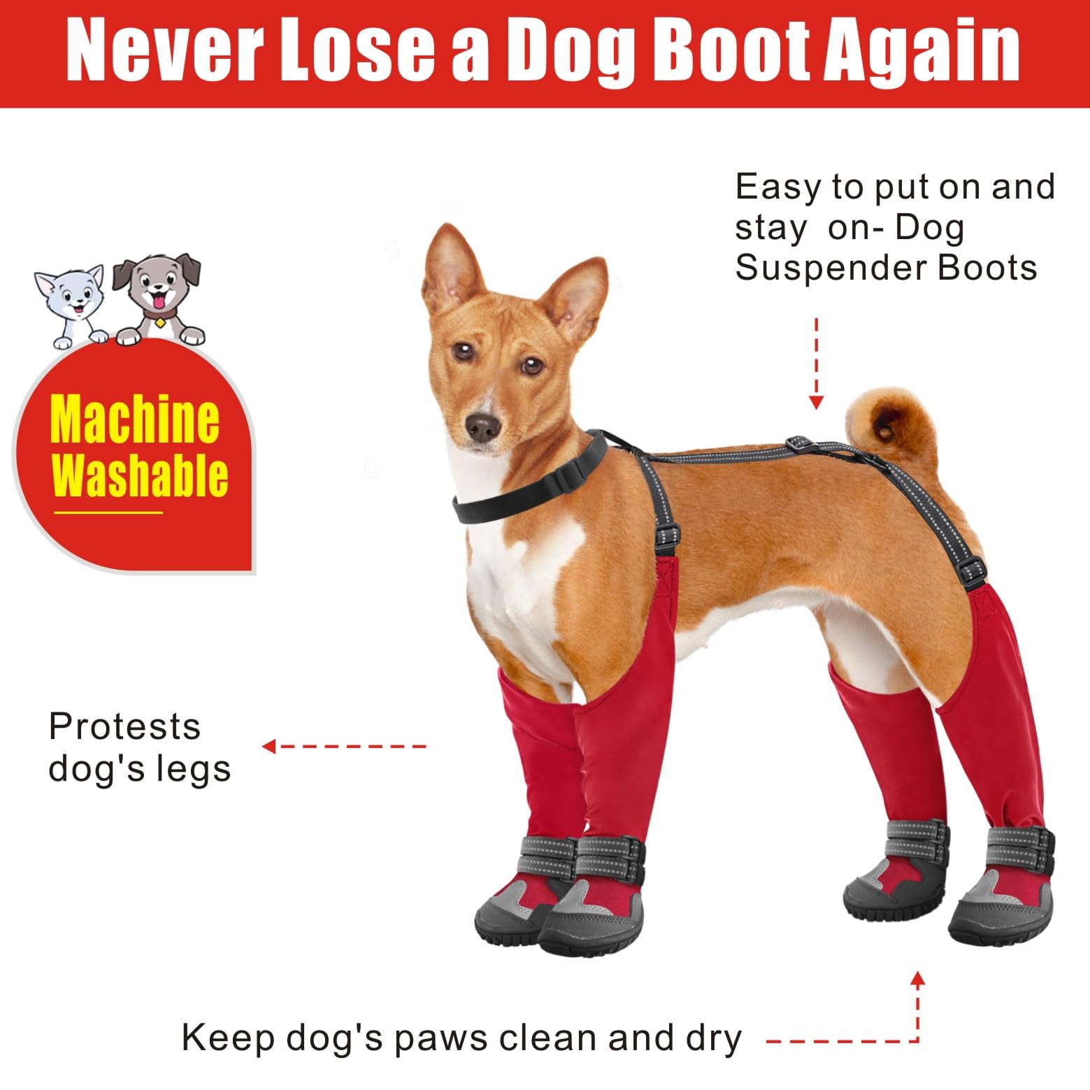 Idepet Dog Suspender Boots, Tall Dog Boots Anti-Slip & Fall Waterproof Dog Shoes Leggings, Adjustable Suspender Boots for Dogs W