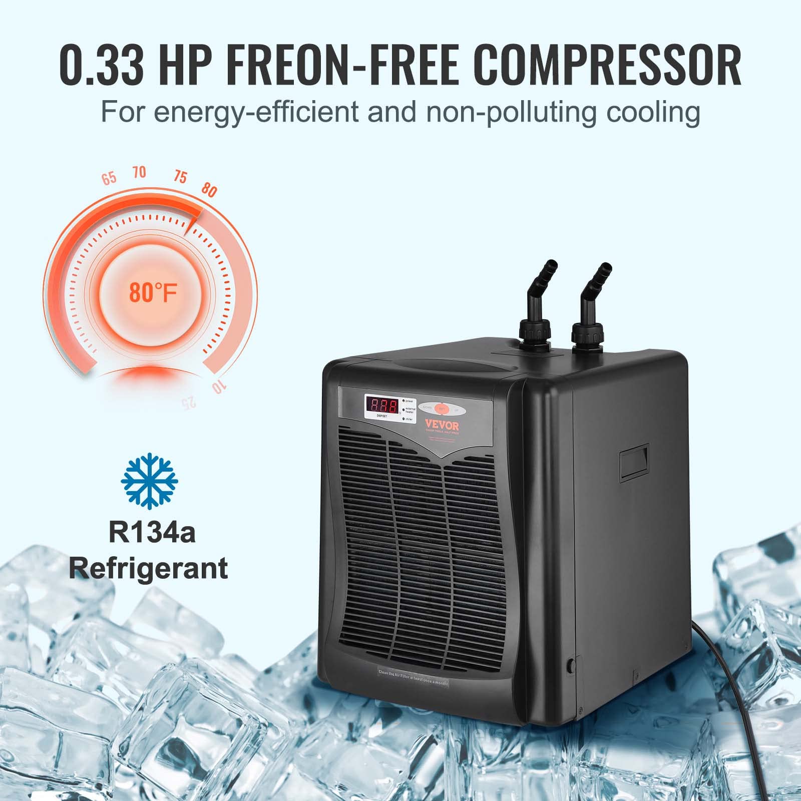VEVOR Aquarium Chiller, 110 Gal 416 L, 1/3 HP Hydroponic Water Chiller, Quiet Refrigeration Compressor for Seawater and Fresh Wa