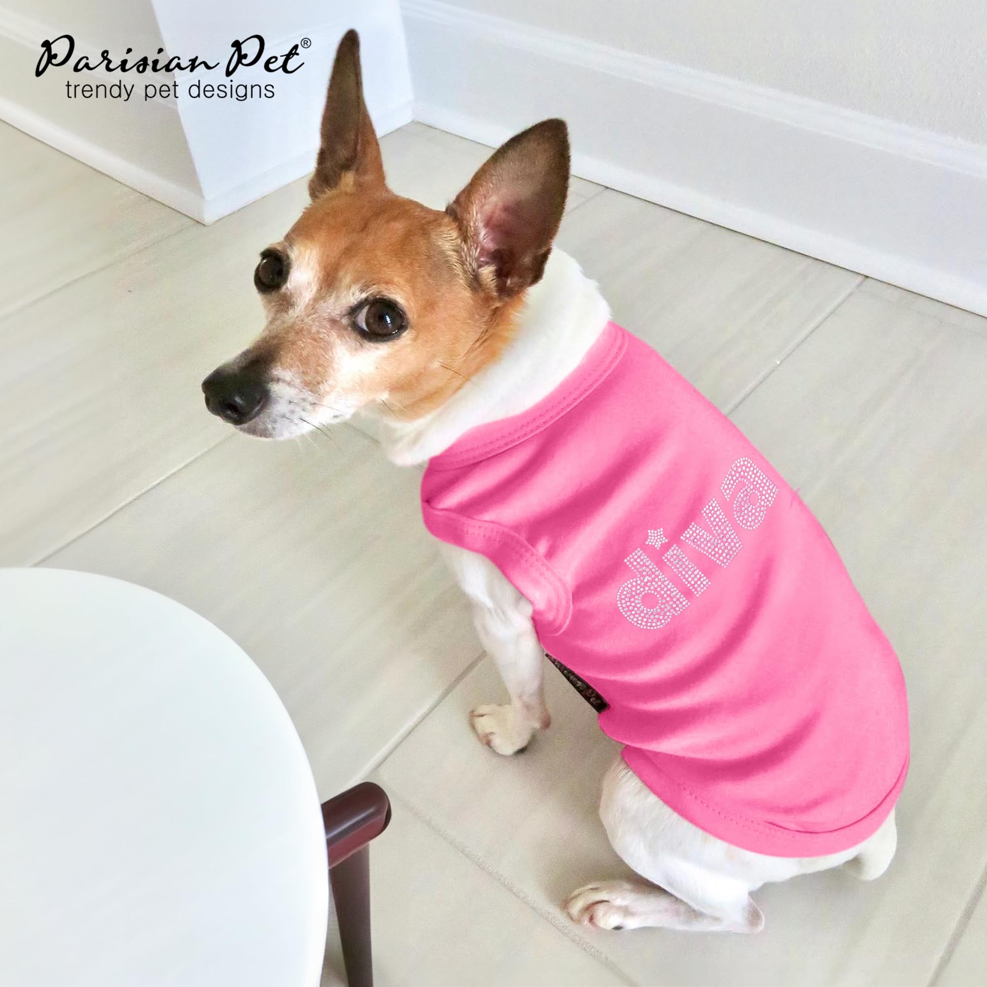 Parisian Pet Dog T-Shirt with Embroidered  Diva  - Breathable Pink Dog Clothes - Sleeveless Pet Vest - Machine Washable Pink D