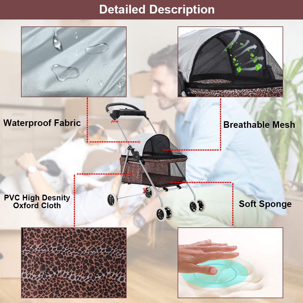 BestPet Pet Stroller 4 Wheels Posh Folding Waterproof Portable Travel Cat Dog Stroller with Cup Holder (Leopard Skin)