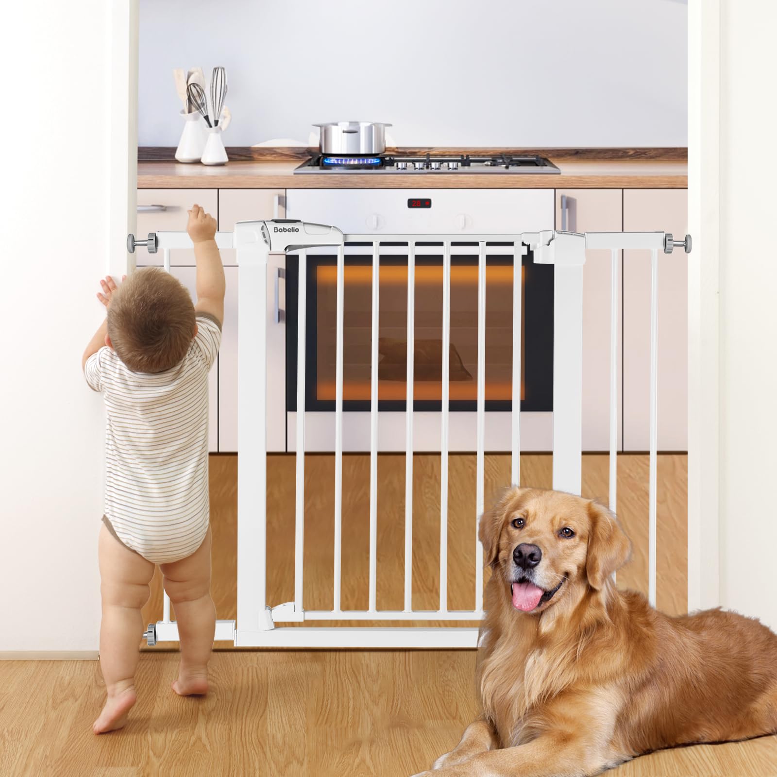 Babelio Metal Baby Gate, 29-43' Auto Close Easy Install Pet Gate, Extra Wide Walk Thru Child Safety Gate, 30' Tall Pressure Mounted Dog Gate For Doorways & Stairs, White