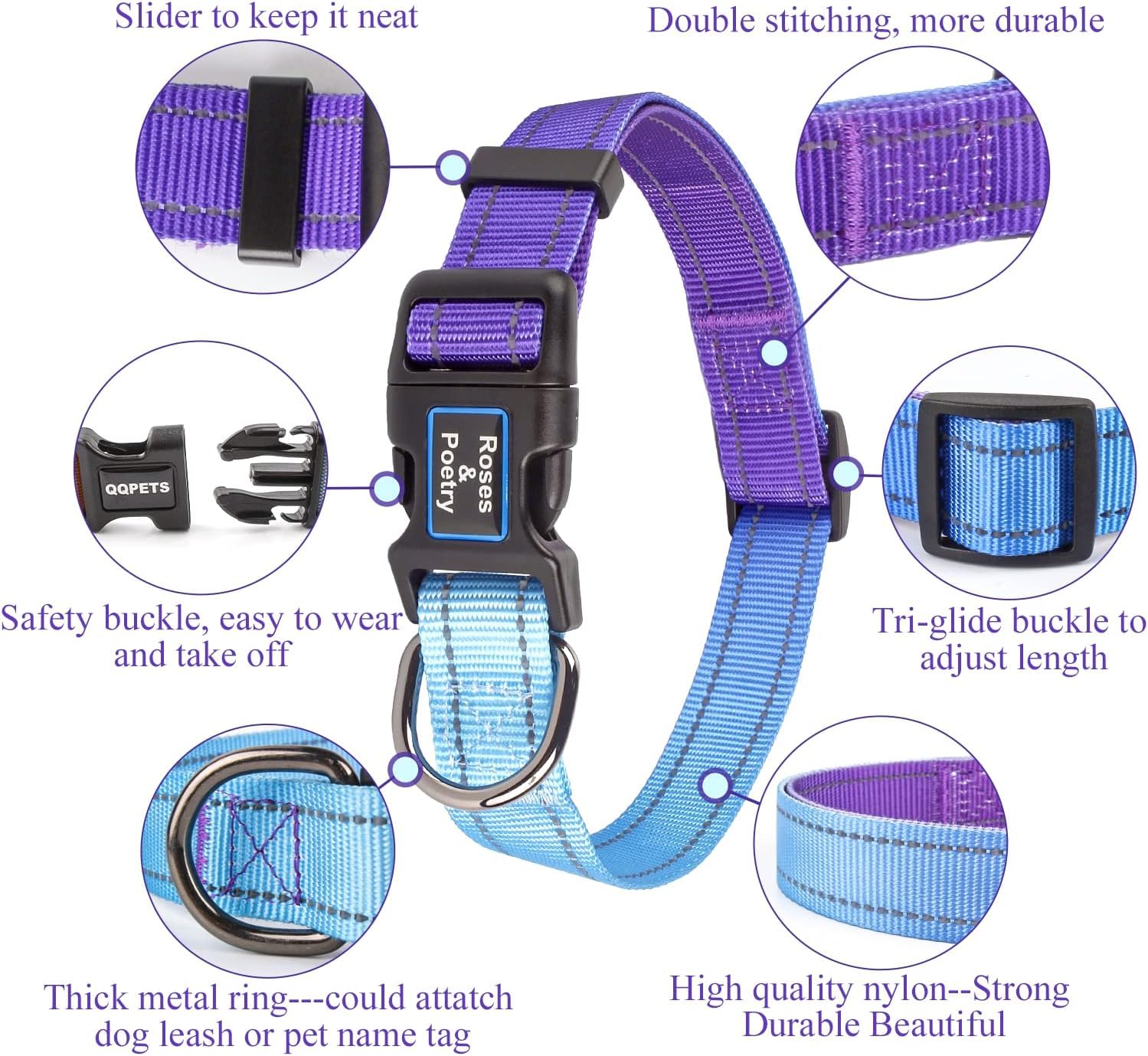 Roses&Poetry Reflective Dog Collar With Gradient Violet, Adjustable Durable Pet Collars For Small Medium Large Dogs (Violet-S)