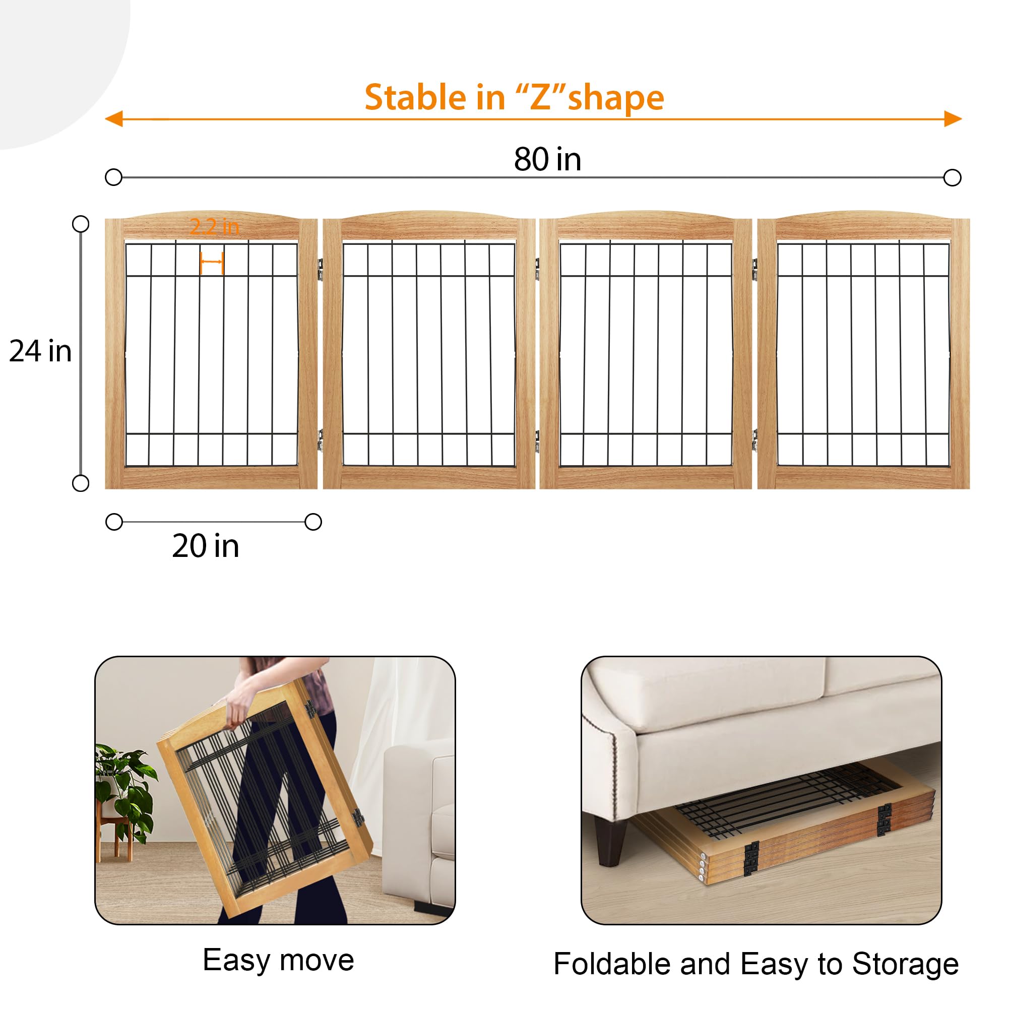 Lzrs 4-Panel Extra-Wide Wooden Freestanding Dog Gate: Foldable Solid Wood And Steel Wire Chew Resistant Safety Barrier For Doorw