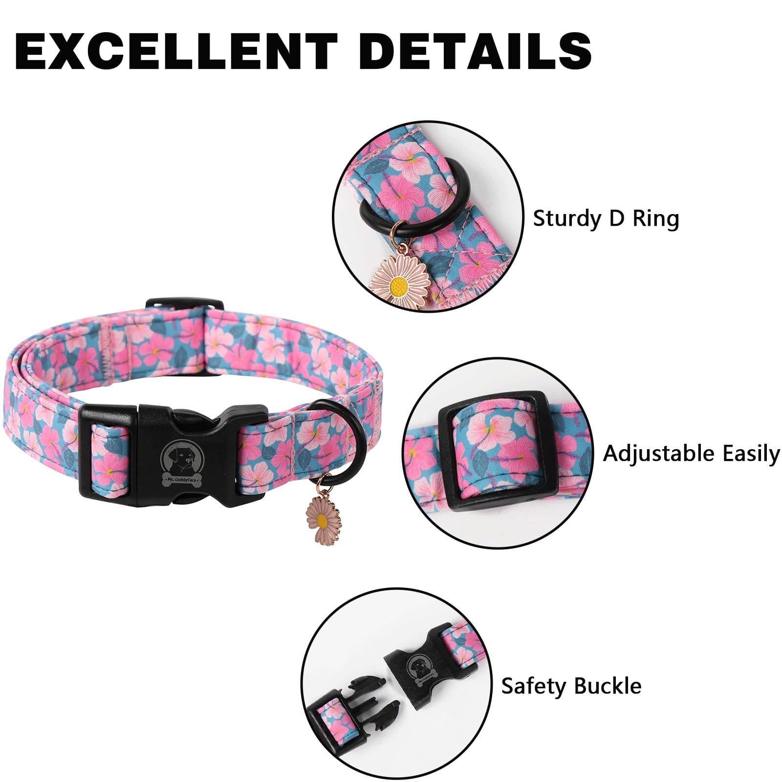 Mr.Chubbyface Pink Floral Dog Collar, Cute Flower Pet Collar With Adjustable Heavy-Duty Buckle, Flower Pattern Puppy Collar For