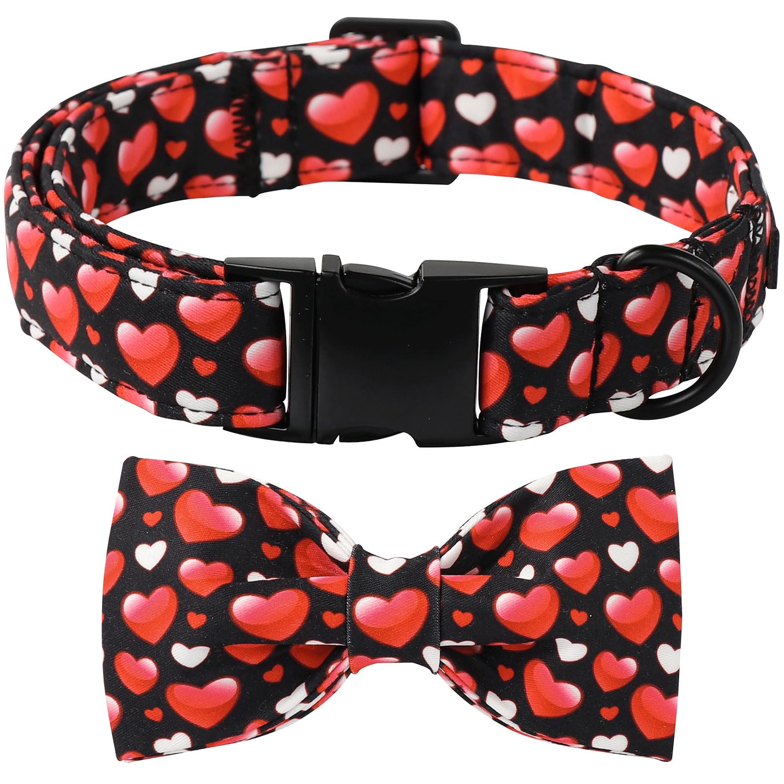 Lionet Paws Valentine'S White Dog Collar, Cute Heart Black Dog Collar For Large Dogs, Adjustable Cotton Love Pet Collars For Med