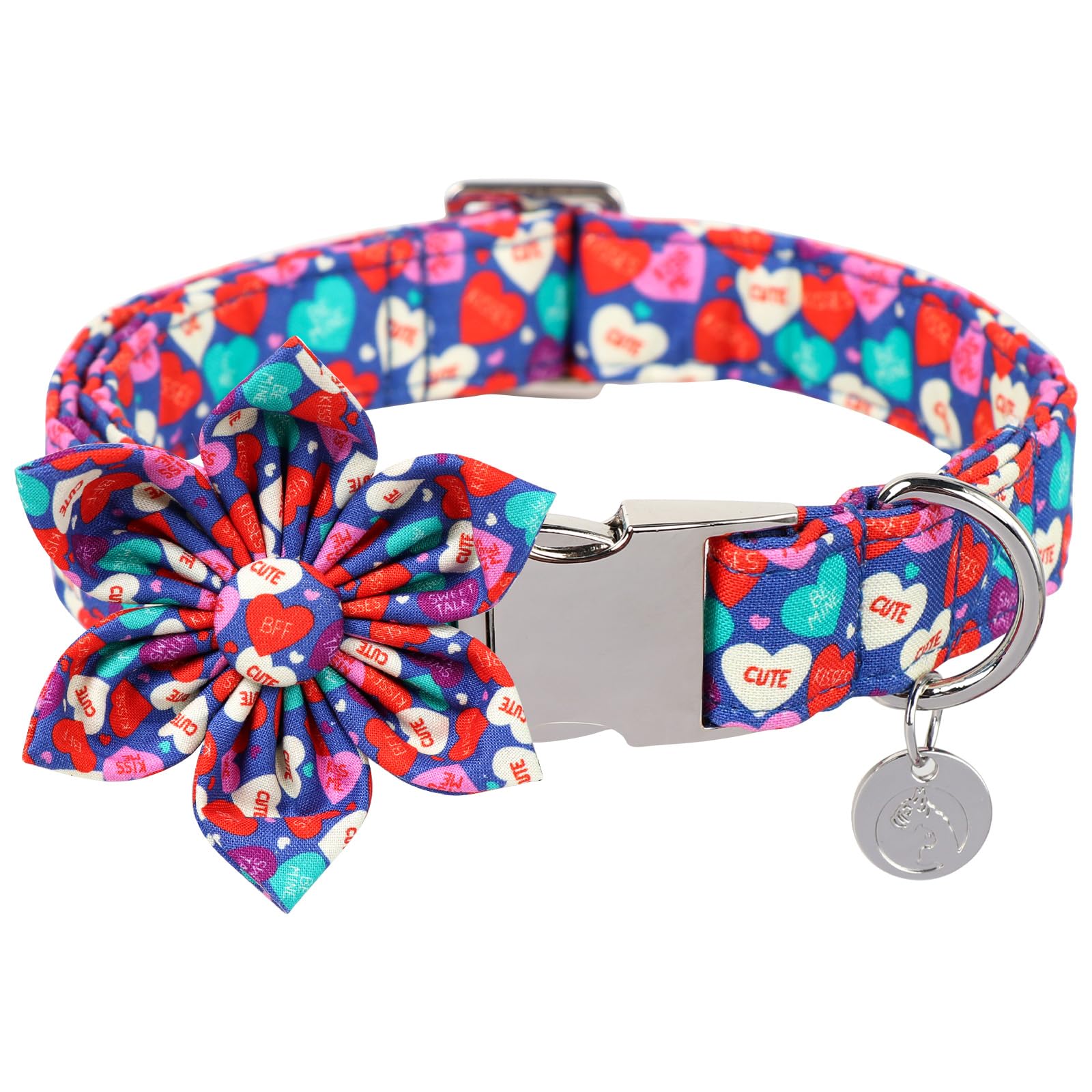 Dogwong Valentine'S Day Dog Collar With Flower, Blue Heart Bowtie, Adjustable Durable Pink Heart Collar For Small Medium Dogs