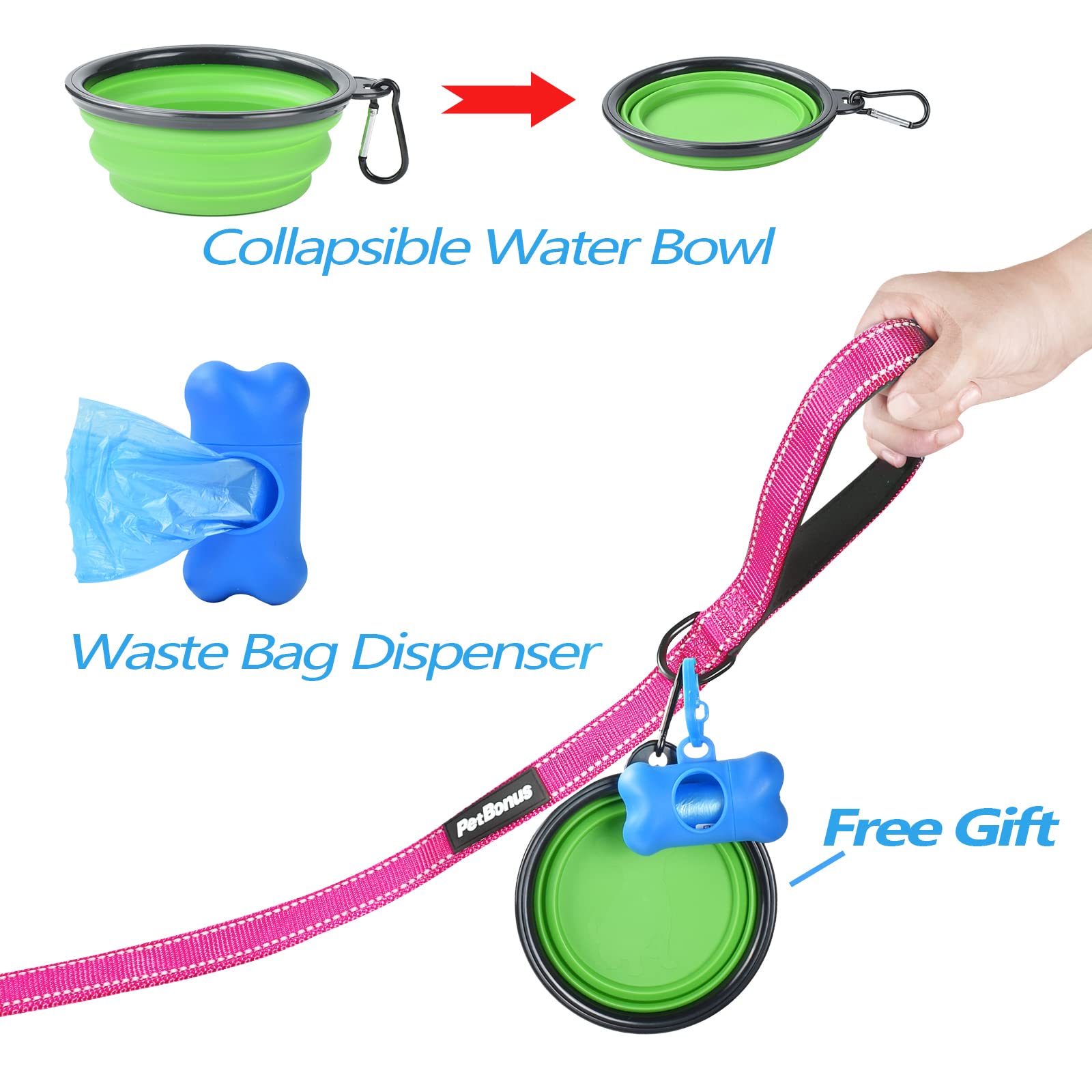 Petbonus Double Dog Leash, No Tangle Dual Dog Leash, Reflective Walking Training Leash, 4 Comfortable Padded Handles For 2 Dogs With Collapsible Bowl And Waste Bags Dispenser (Pink, Large)