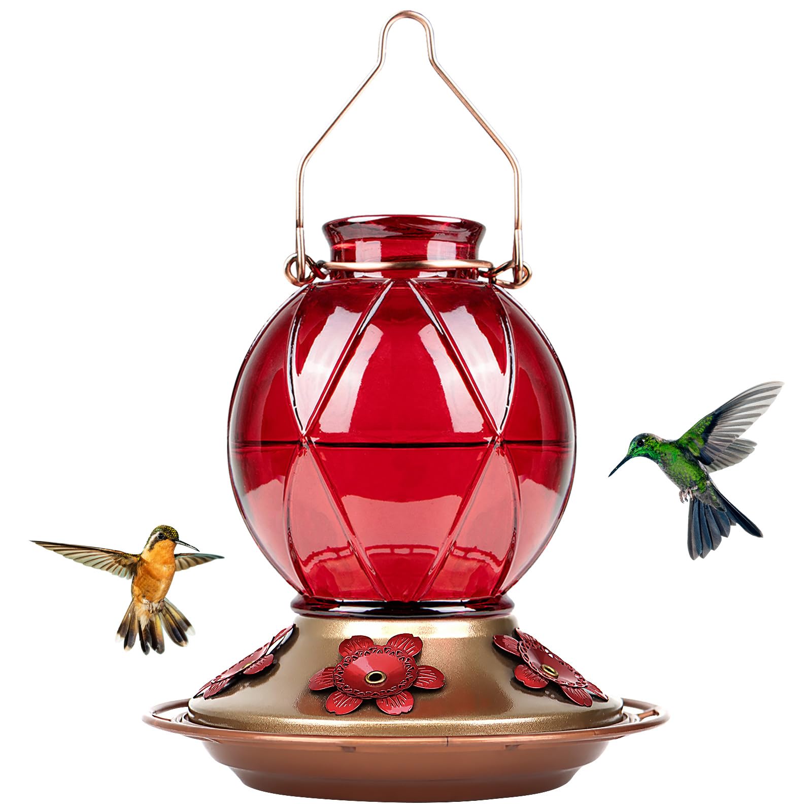 BOLITE 18016R Hummingbird Feeder, Glass Hummingbird Feeder for Outdoors, Meshy Texture Ball Shape Bottle, 18 Ounces, Red