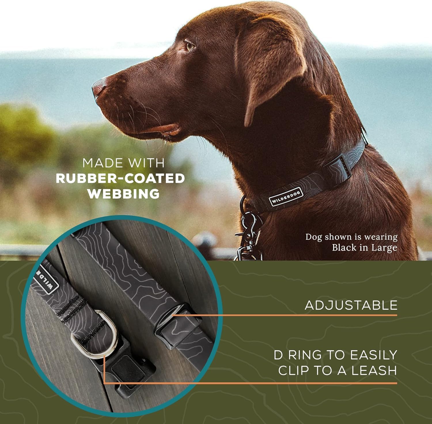Wilderdog Waterproof Dog Collar - Repels Water & Dirt - Medium 13''-18'' - Black