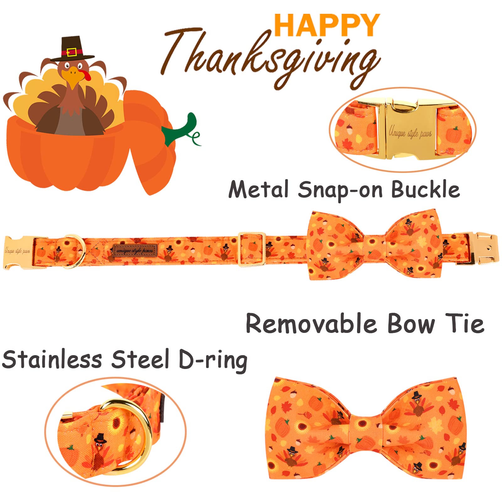 Unique Style Paws Halloween& Dog Collar With Bow Tie Pumpkin Cotton Collar Adjustable Puppy Collar Best Thanksgiving Gift For Sm
