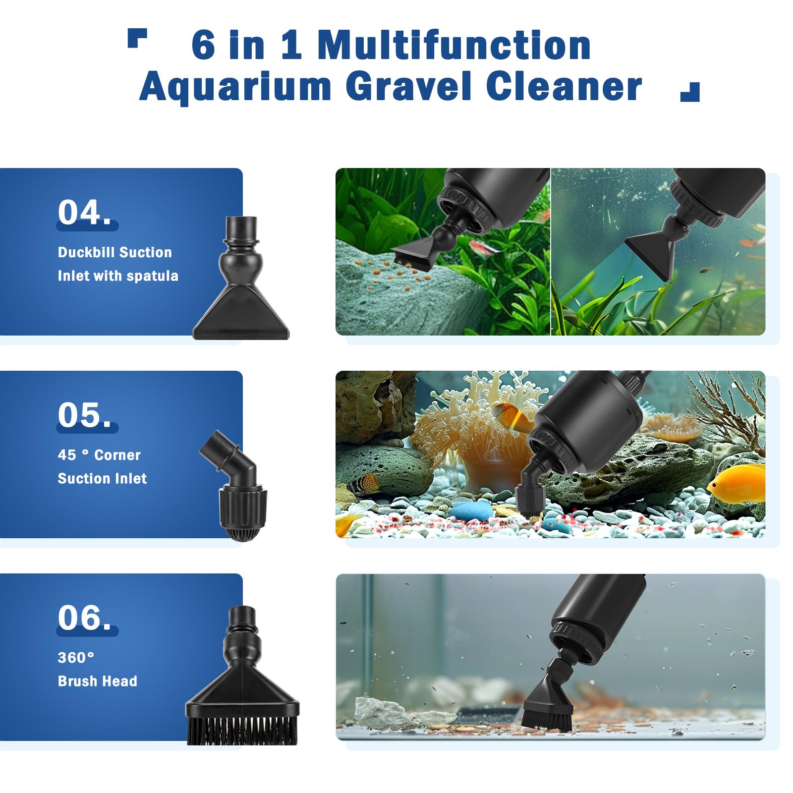 AQQA Electric Aquarium Gravel Cleaner Kit - 6 in 1 Fish Tank Vacuum, 20W 320GPH, Black, Model FUS-AQ013