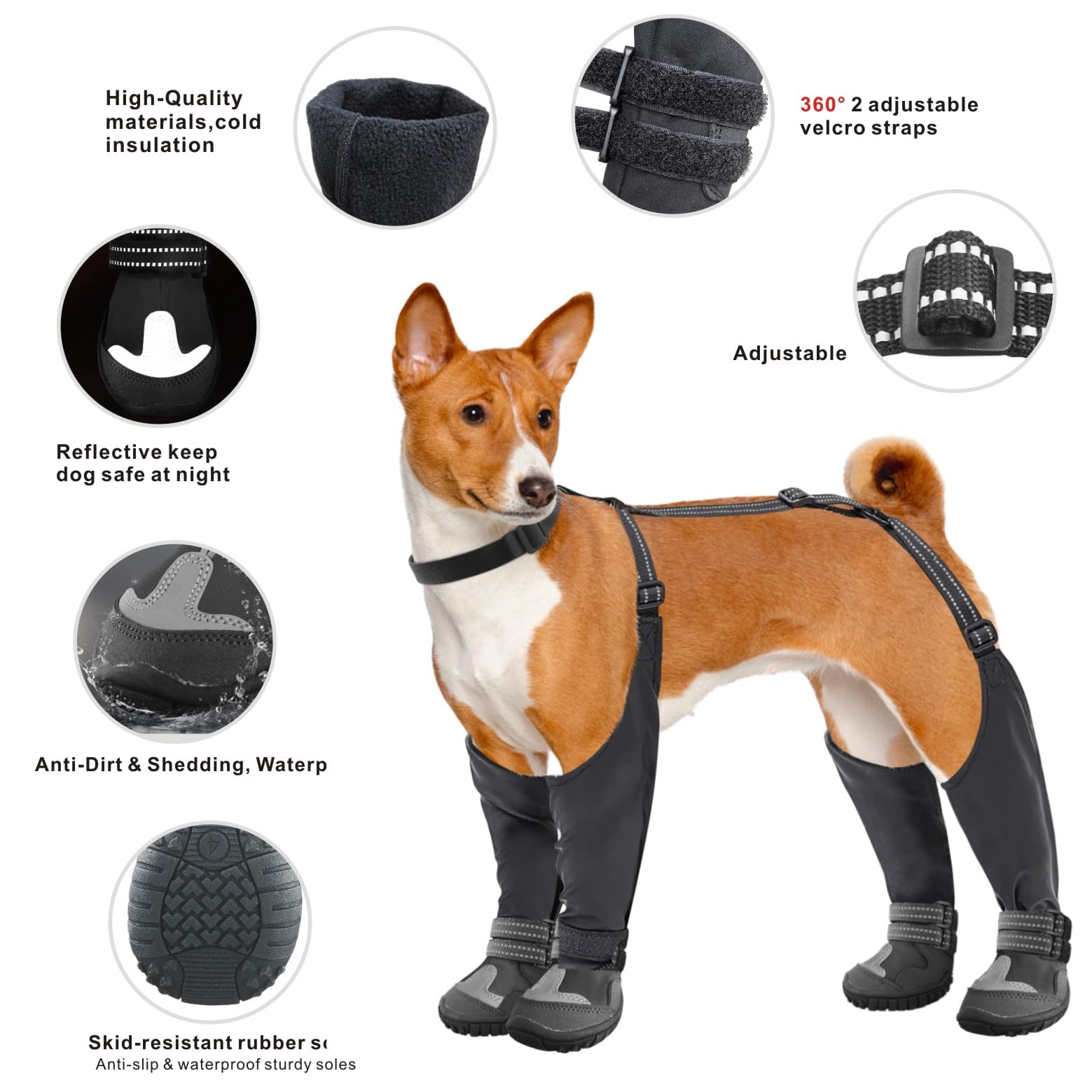 Idepet Dog Suspender Boots - Anti-Slip Waterproof Shoes for Winter Snow Rain Hiking - Adjustable Tall Leggings Paws Protector (B