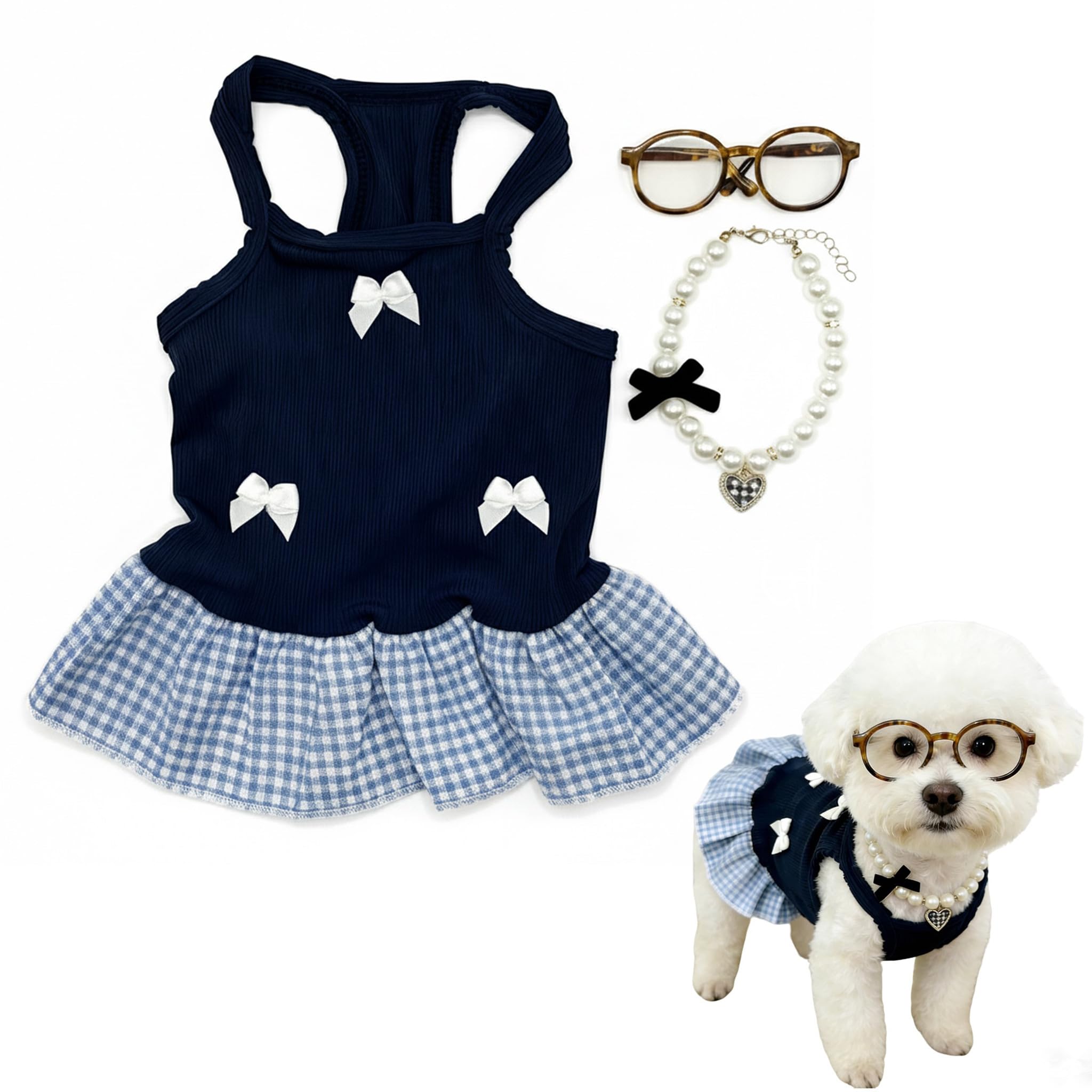 Yioxjak Dog Dresses, Plaid Pet Dress with Glasses and Pearl Necklace, Cute Pet Clothes Outfit Breathable Puppy Skirt Costume for