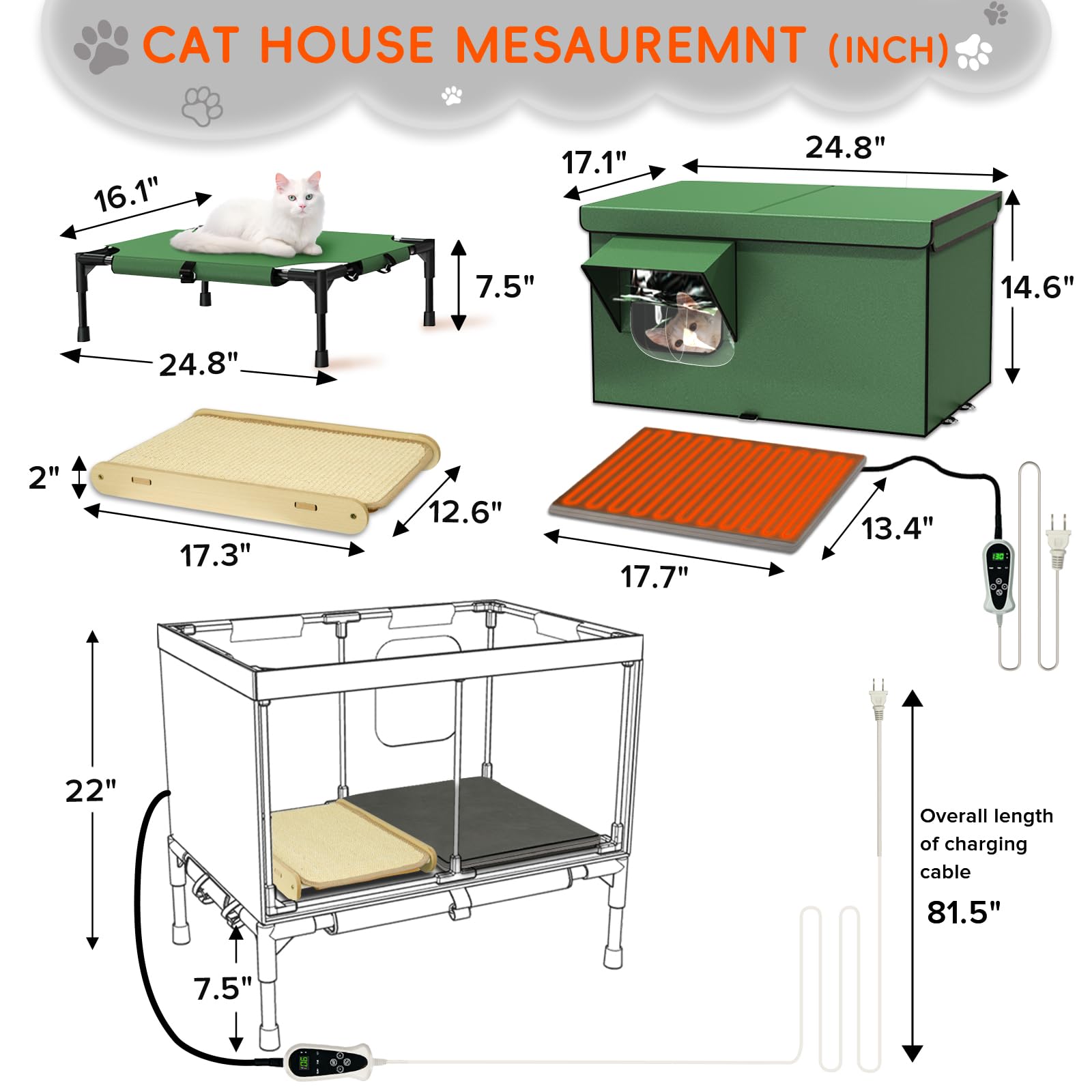 4-In-1 Heated Cat House For Outside With Heating Pad, Scratching Bed And Elevated Bed, Waterproof Windproof Tpu Rain Cover, Larg