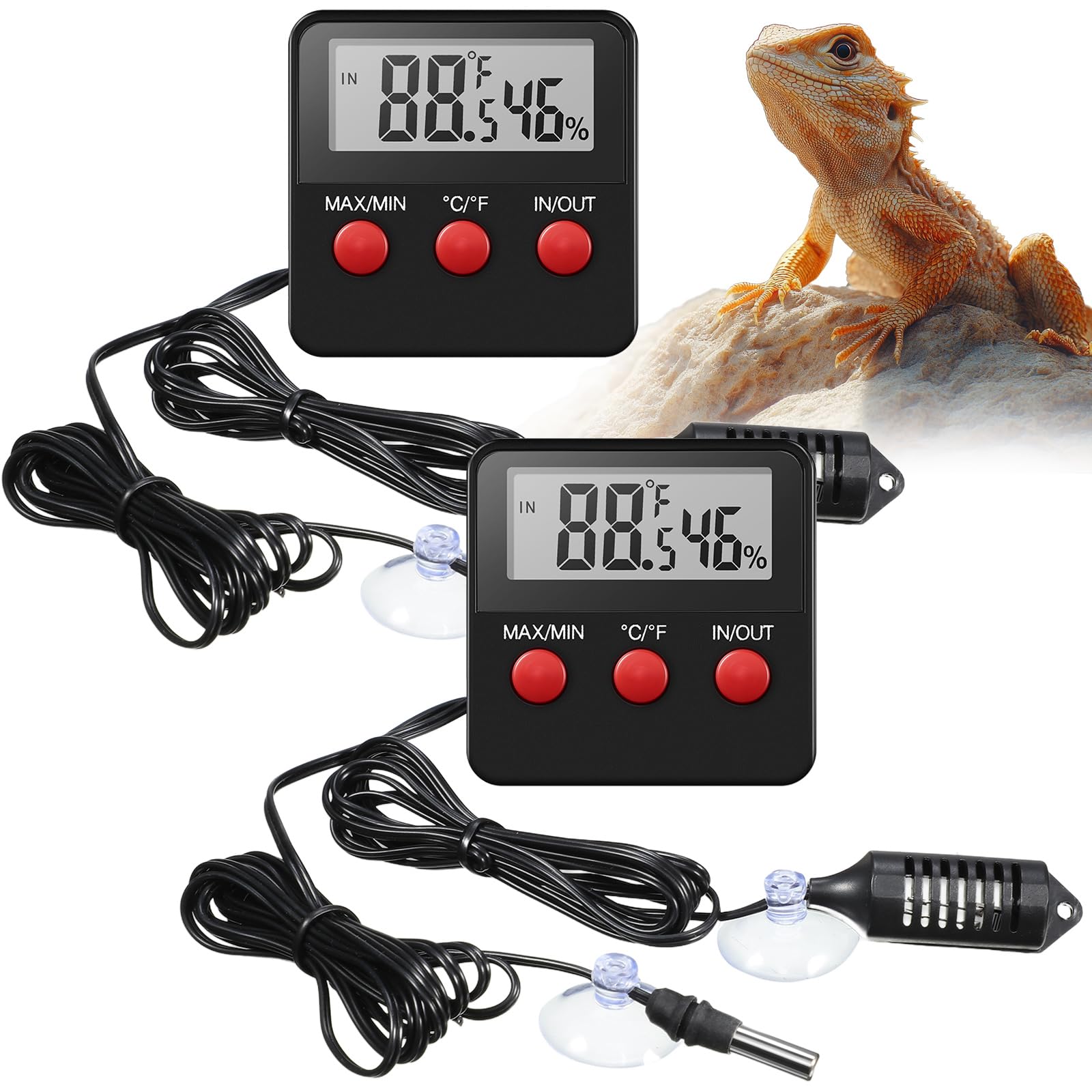 Weewooday 2 Pcs Reptile Thermometer and Humidity Gauge Reptile Terrarium Thermometer Hygrometer with Probes Indoor Outdoor Digit