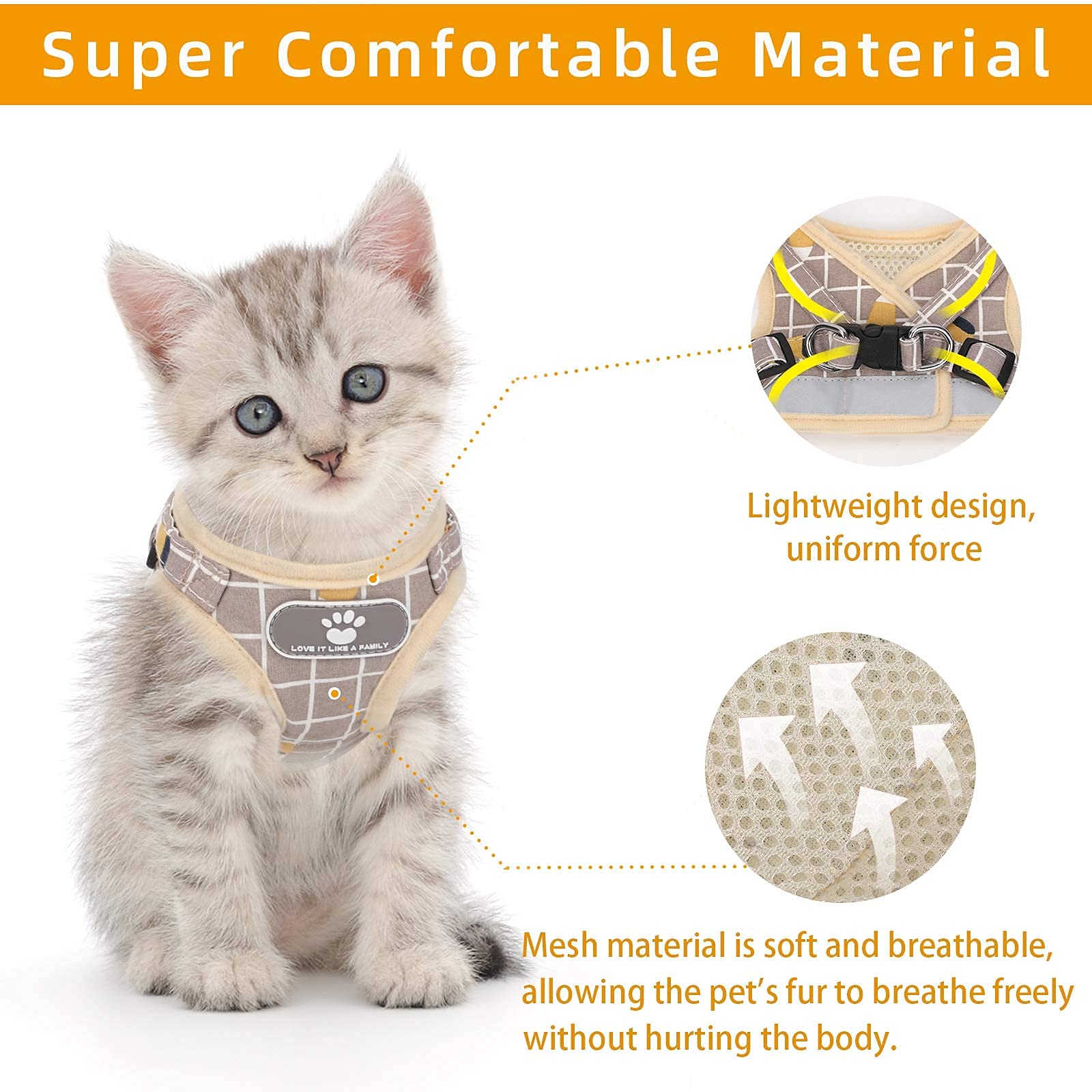 Cat Vest Harness And Small Dog Vest Harness For Walking, All Weather Mesh Harness, Cat Vest Harness With Reflective Strap, Step In Adjustable Harness For Small Cats (Khaki-Pattern, Xs)