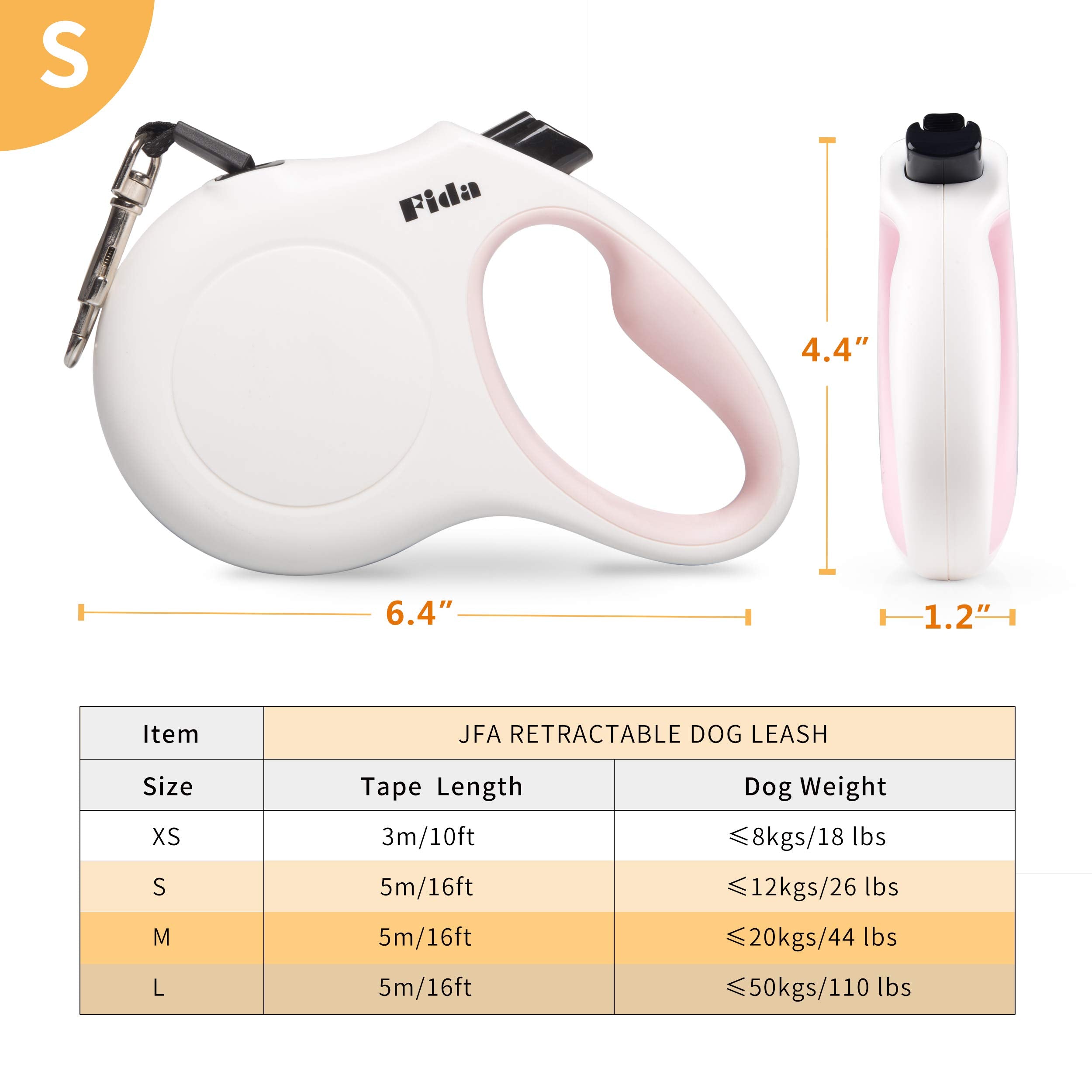 Fida Retractable Dog Leash, 16 Ft Dog Walking Leash For Small Dogs Up To 26Lbs, Tangle Free, White
