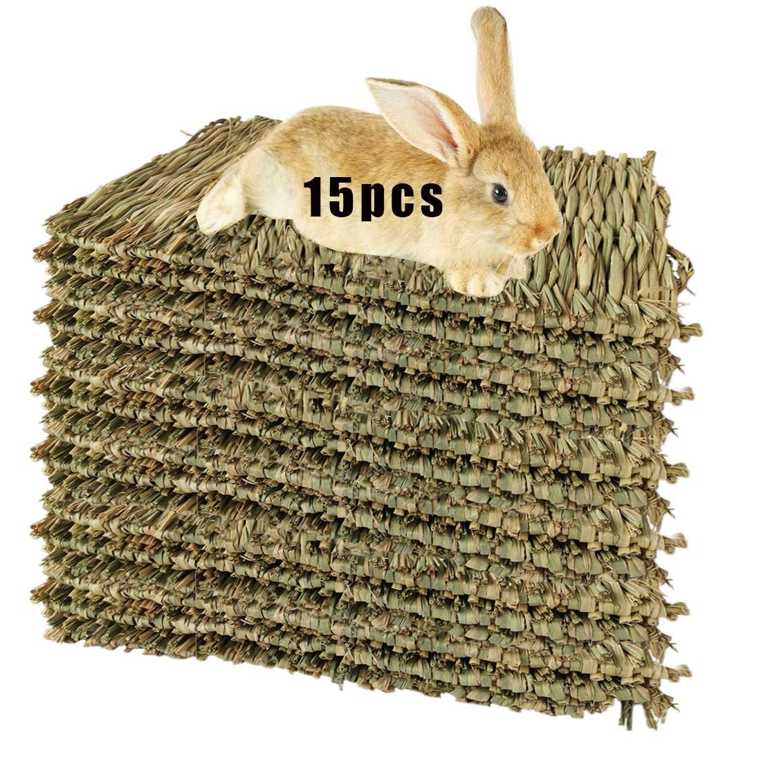 Hamiledyi 15 Pack Woven Bed Mat For Rabbits - Grass Mat & Bunny Bedding Nest - Natural Chew Toy Bed For Guinea Pig Chinchilla Sq