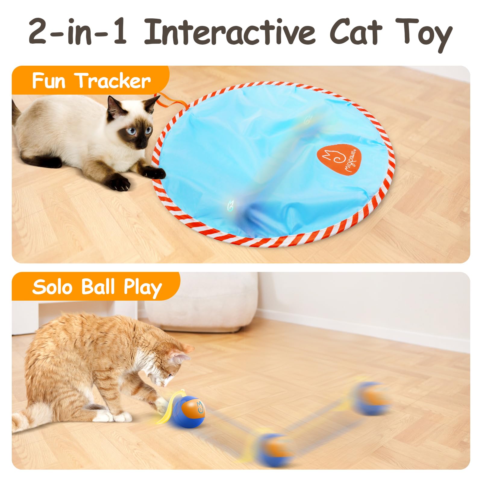 Migipaws Interactive Cat Ball Toy Set, Fun Tracker, Glowing Chase Ball with MystiChaser Pouch, Fluffy Tail, A Small Mice(Blue)