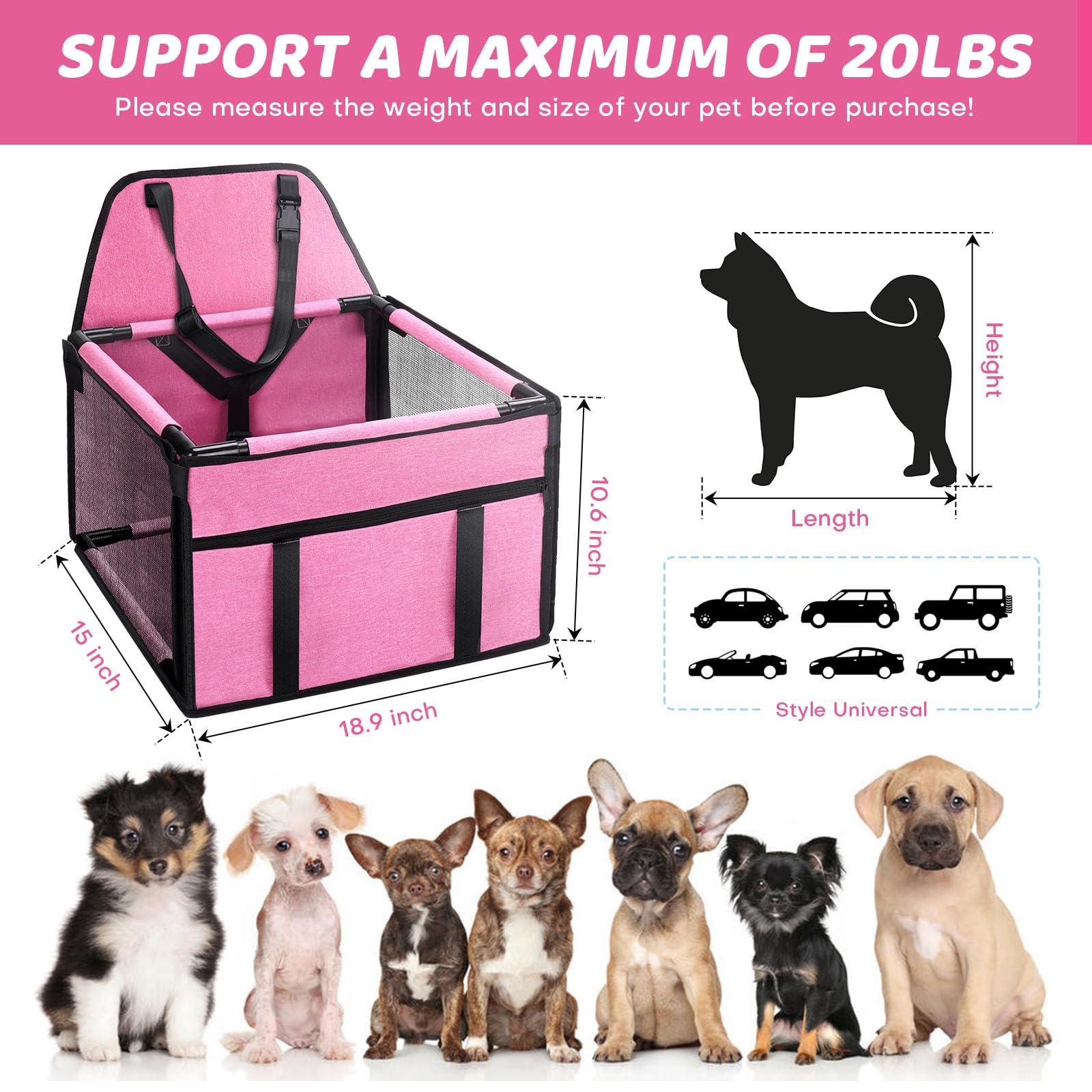 GENORTH Dog Car Seat Booster for Medium Dogs up to 20lb, Pink, Breathable & Washable Travel Safety Seat