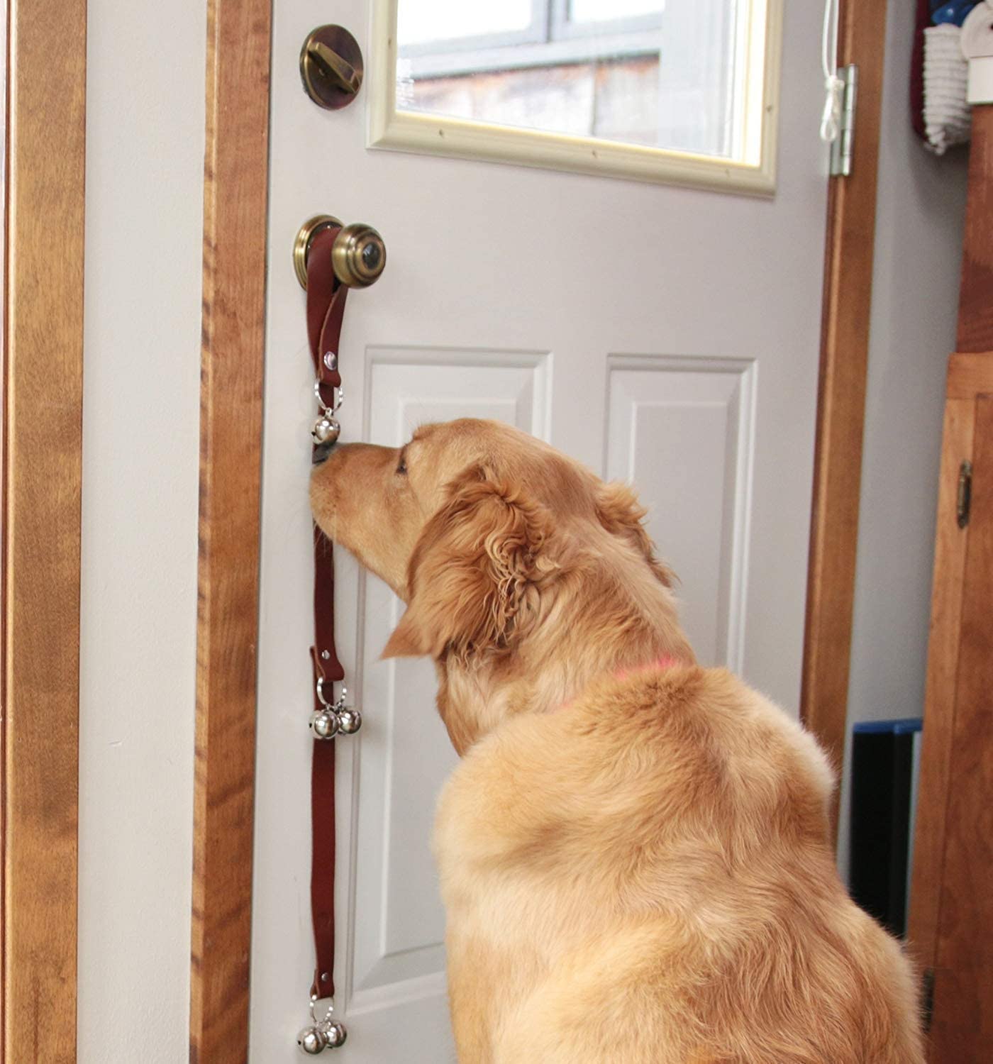 CATHYLIFE Leather Dog Doorbells for Potty Training, Adjustable Copper Bell, Brown Leather, Model GML01