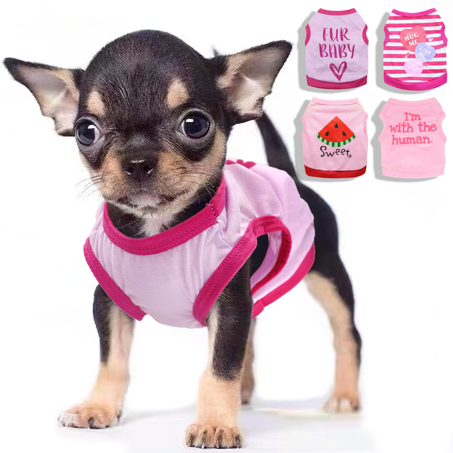 4- Pieces Chihuahua Dog Clothes For Small Dogs Girl Cute Pink Puppy Shirt Pet Tank Top Outfit For Female Dogs, Yorkie, Toy Poodl