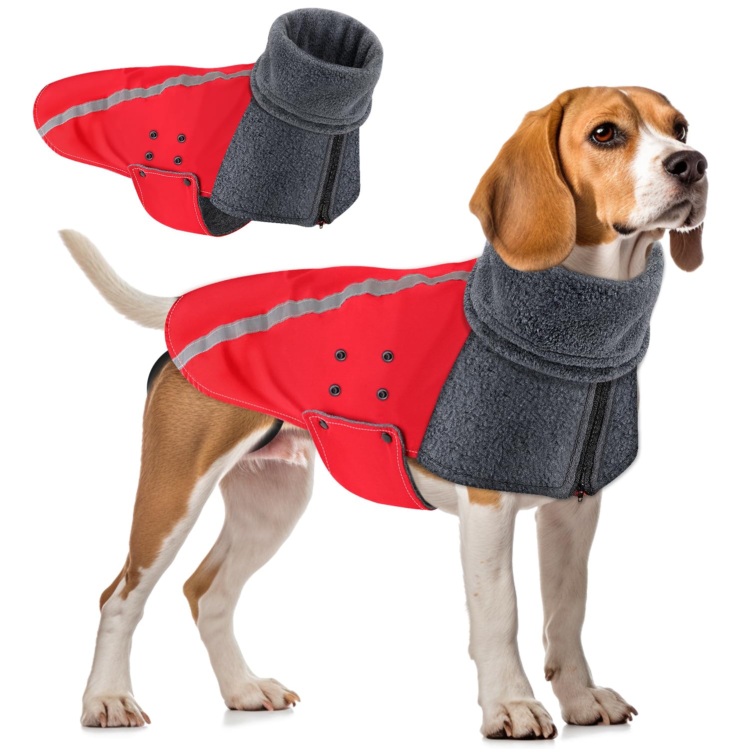 Slowton Winter Dog Coat, Warm Polar Fleece Lining Doggie Outdoor Jacket With Turtleneck Scarf Reflective Stripe Adjustable Water