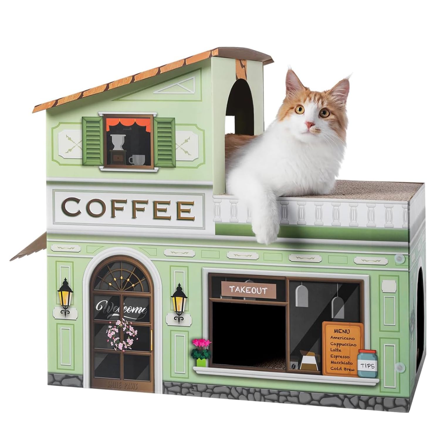 Smile Paws Cat Beds For Indoor Cats, Cardboard Cat House With Scratchers, Coffee Shop, Large Sturdy Cat Furniture Condo Cave Ten