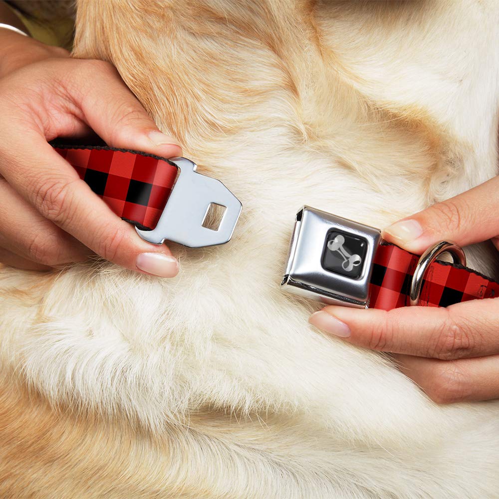 Buckle-Down Seatbelt Buckle Dog Collar - Buffalo Plaid Black/Red - 1' Wide - Fits 15-26' Neck - Large