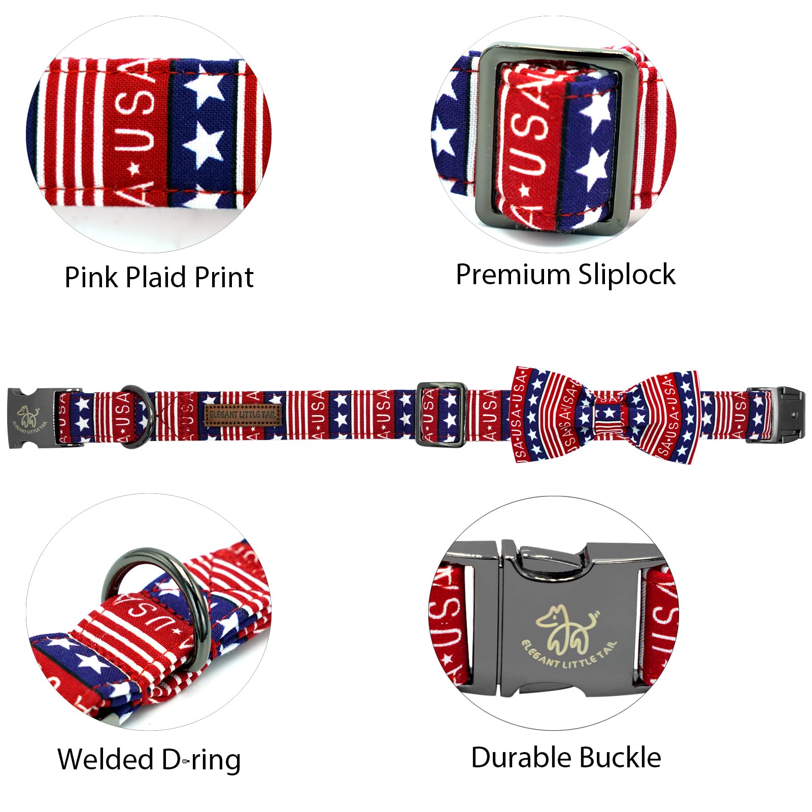Elegant Little Tail Independence Dog Collar, Patriotic Pet Collar With Bow Tie American 4Th Of July Pet Gift Cotton Soft Boy Gir