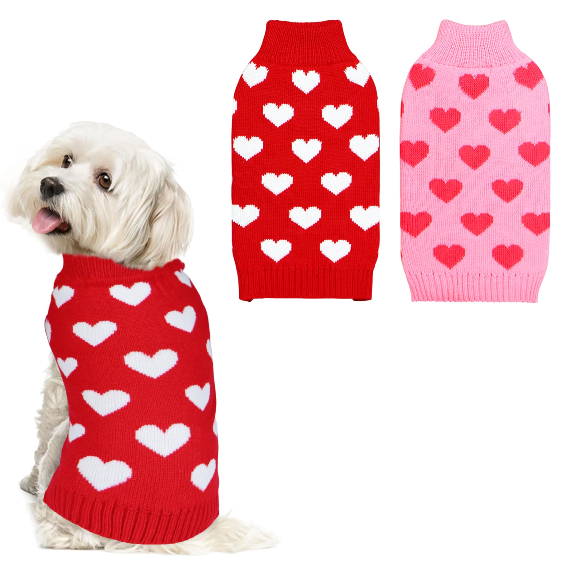 Goyoswa 2 Pack Valentine Dog Sweater Dog Valentines Clothes Outfit Knitted Heart Sweater For Small Medium Large Dogs Pets (Red &