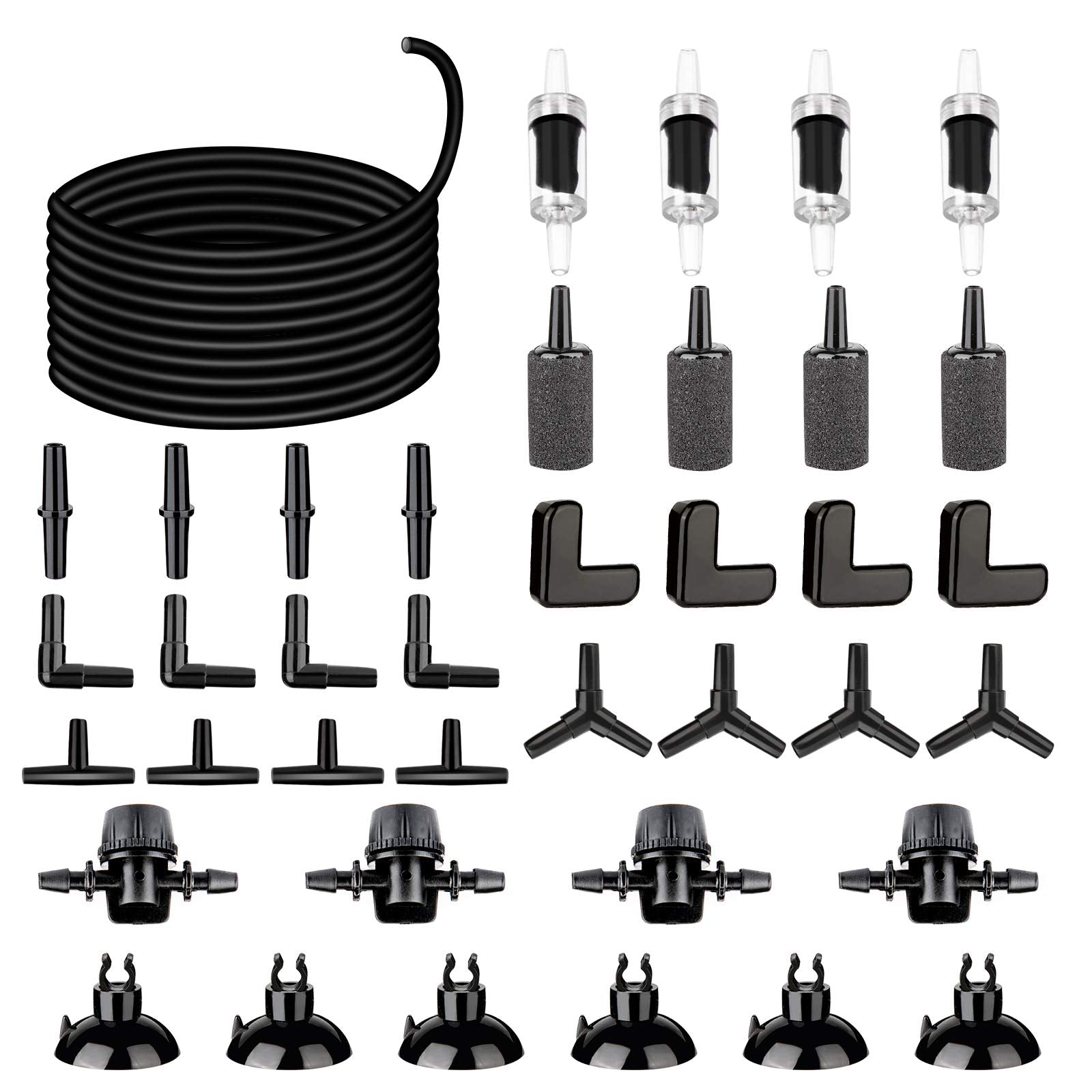 Aquariumbasics 26.6 Feet Black Aquarium Soft Airline Tubing Hose Standard With 4 Air Stones,4 Air Value Controller,4 Check Valves, 6 Suction Cups And 16 In Total For I,L,T,Y Shape Connectors