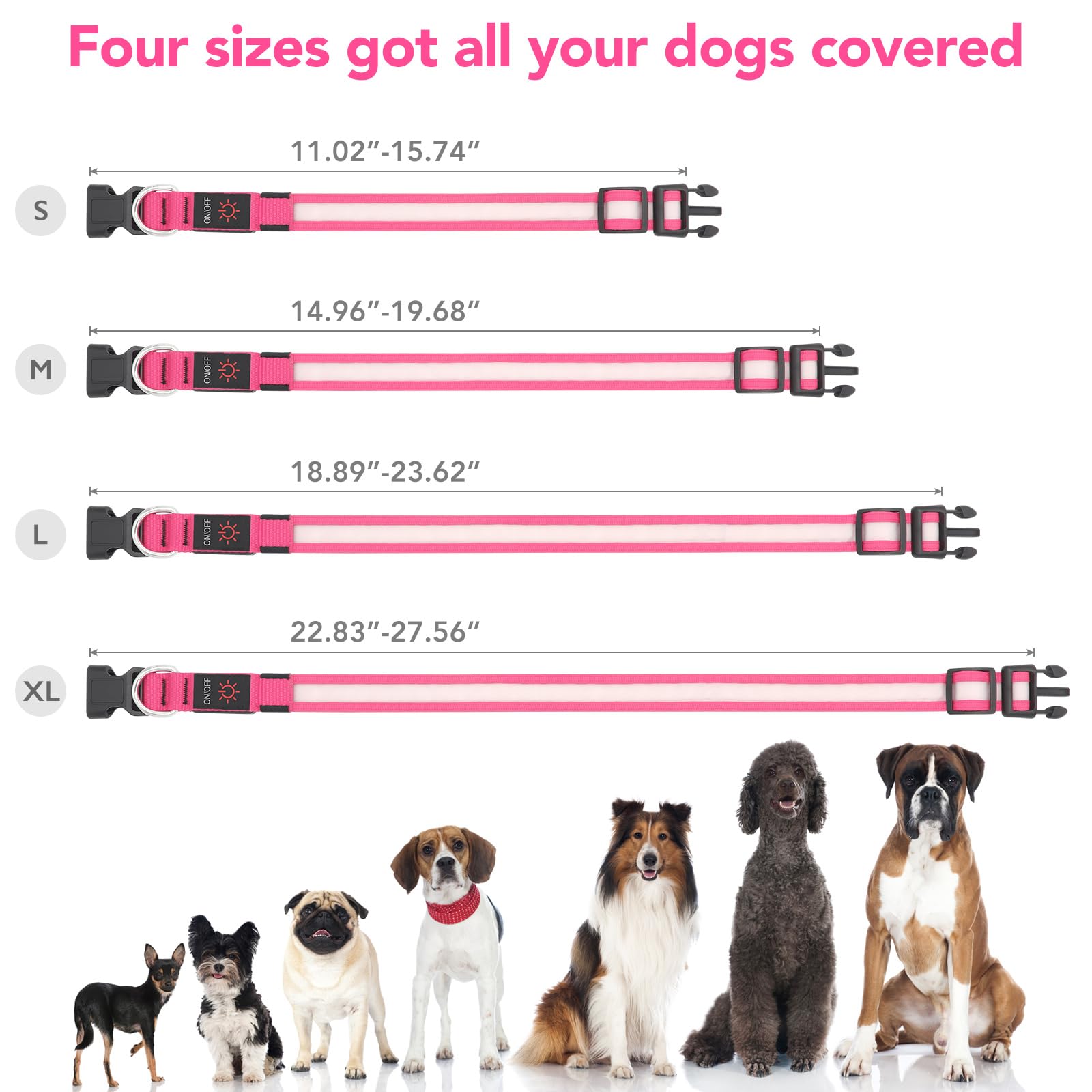 VIZPET LED Dog Collar - Adjustable, USB Rechargeable, Super Bright Safety Light, Small (11.02-15.74 inch), Pink, Model vp-pink-s