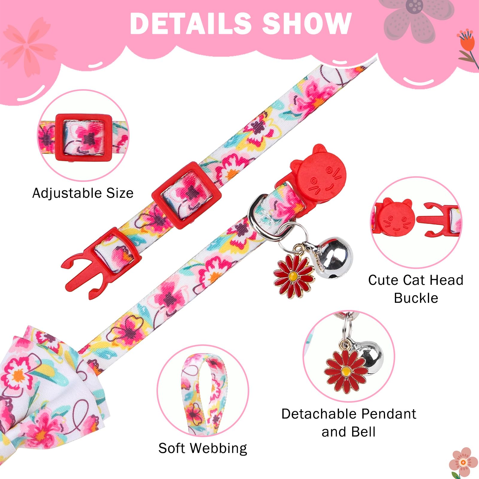 Scenereal Floral Cat Bandanas - 2 Pack Breakaway Collars With Bell Bowtie, Accessories For Pet Birthday, Adjustable Cute Cat Col