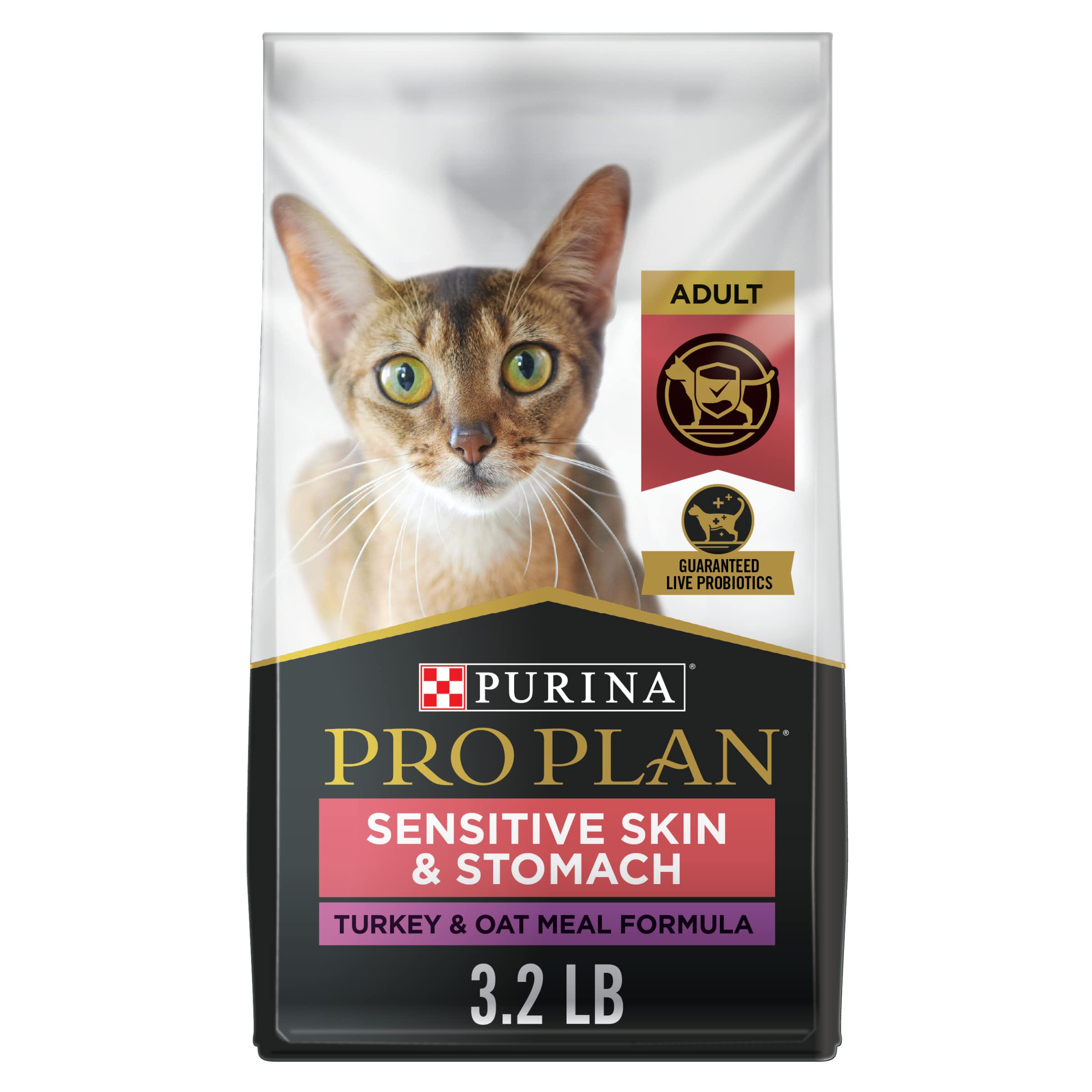 Purina Pro Plan With Probiotics, Sensitive Skin & Stomach, Natural Dry Cat Food, Turkey & Oat Meal Formula - 3.2 lb. Bag
