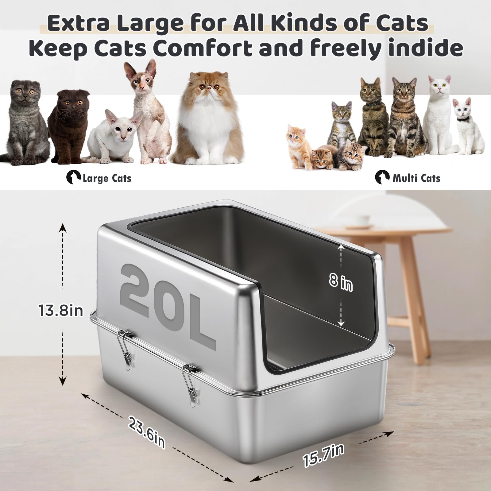 Ipow Xxl All Stainless Steel Litter Box & Mat For Large Cats - Ultra Sturdy & Odor-Free