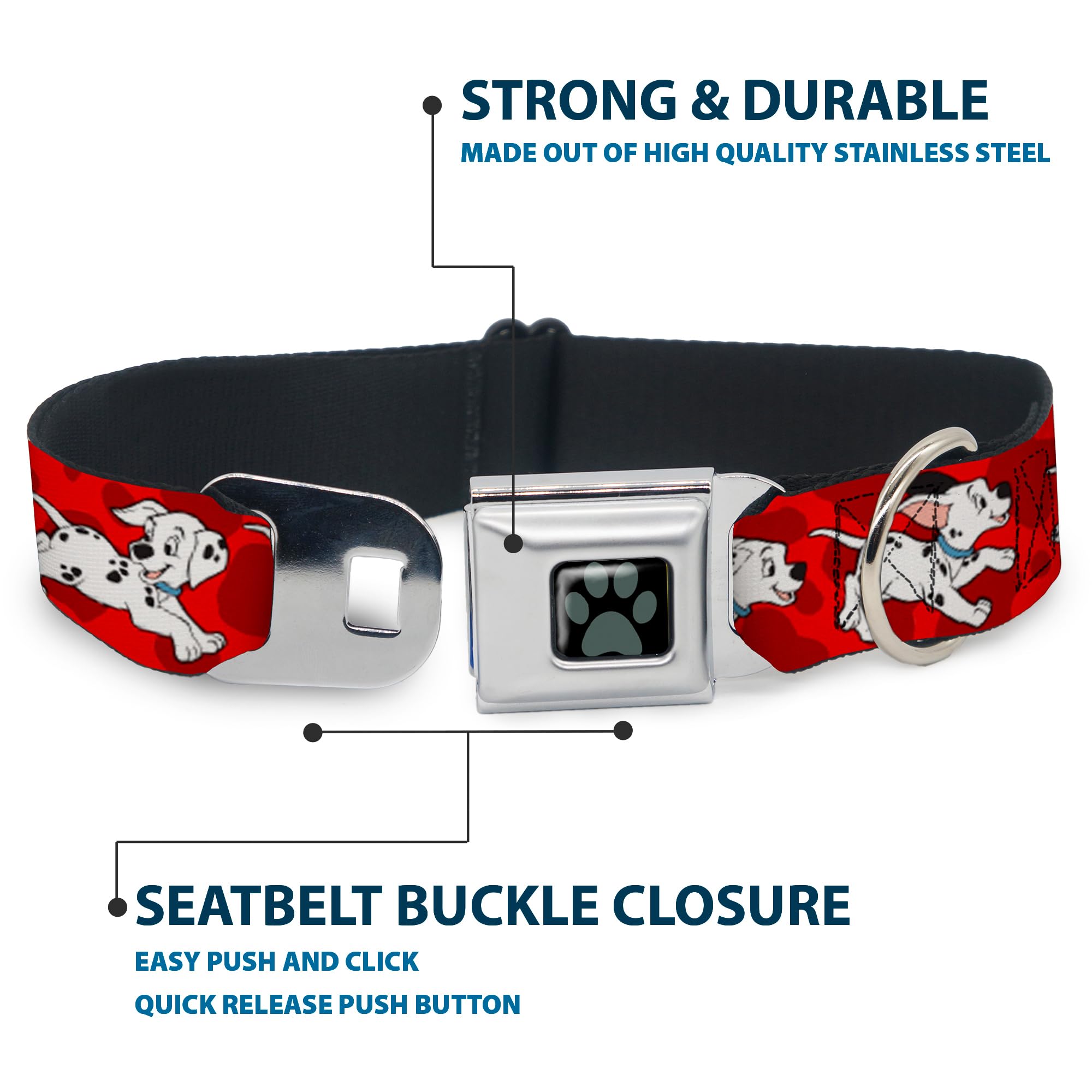Buckle-Down Seatbelt Buckle Dog Collar - Dalmatians Running/Paws Reds/White/Black - 1.5 Wide - Fits 16-23 Neck - Medium