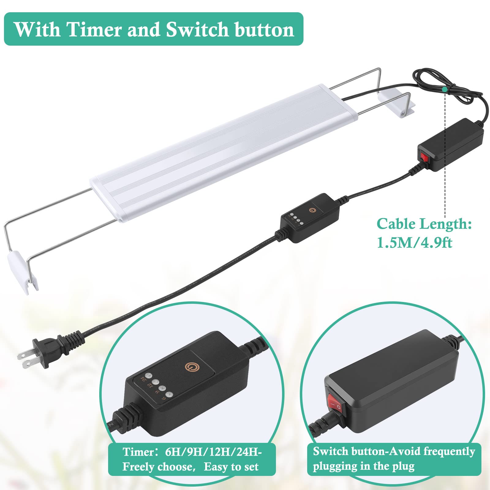 Hitop Full Spectrum Led Aquarium Light - 16-24” Classic Fish Tank Light With Timer, Aquarium Plant Light With Stable Extendable Brackets (16-24In)