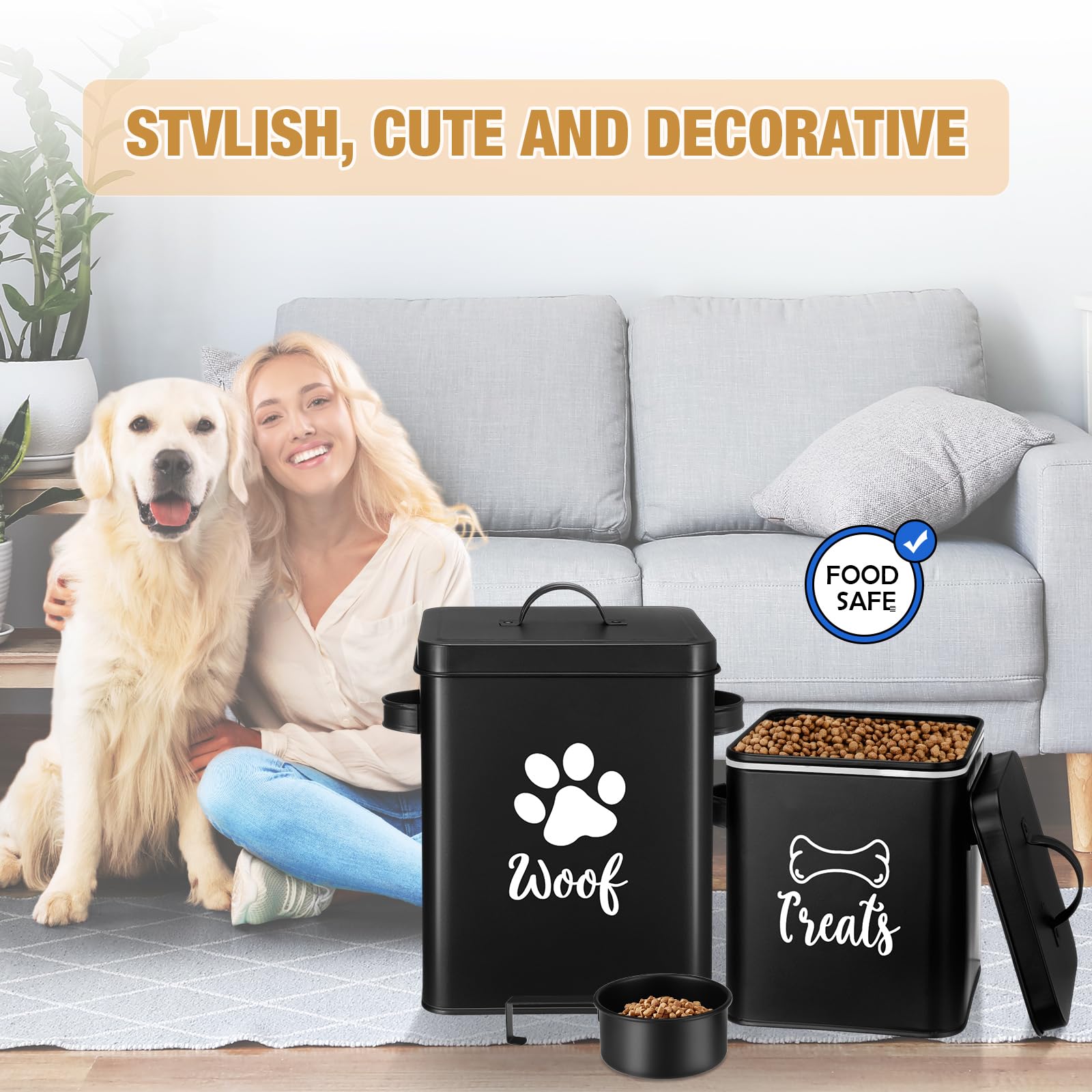 Teenyyou 2 Pcs Metal Dog Treat Containers with Airtight Lids and Spoon 7+3 Lbs Dog Food Snack Jars with DIY Labels Big Pet Cooki