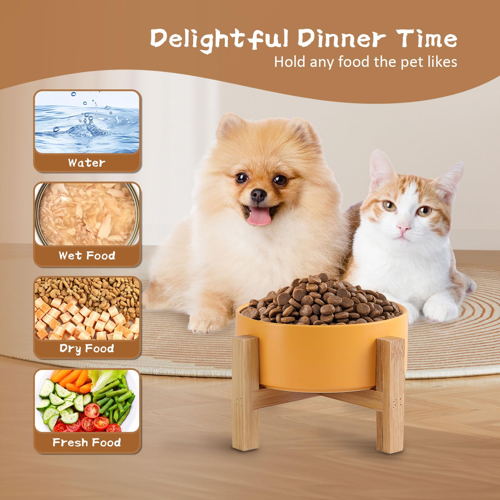 Elevated Ceramic Cat Bowl - Cat Food Bowl with Bamboo Stand - Raised Dog Dish for Puppies - Anti Vomiting, Stress Free - 13.5 oz